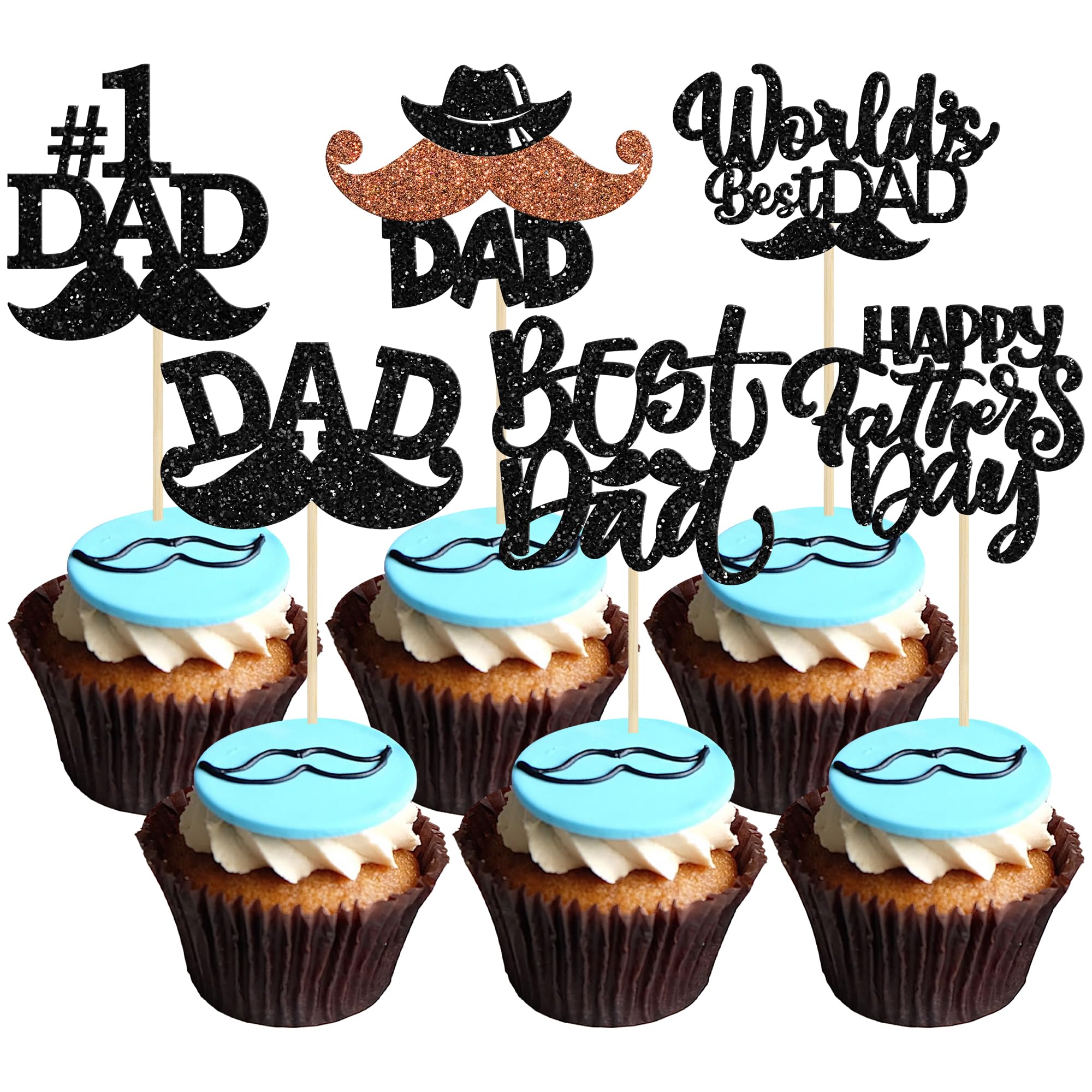 Gyufise 24Pcs Happy Father's Day Cupcake Toppers with Moustache Black Glitter World's Best Dad Cupcake Picks Decorations for Happy Father's Day Theme Party Cake Decorations Supplies