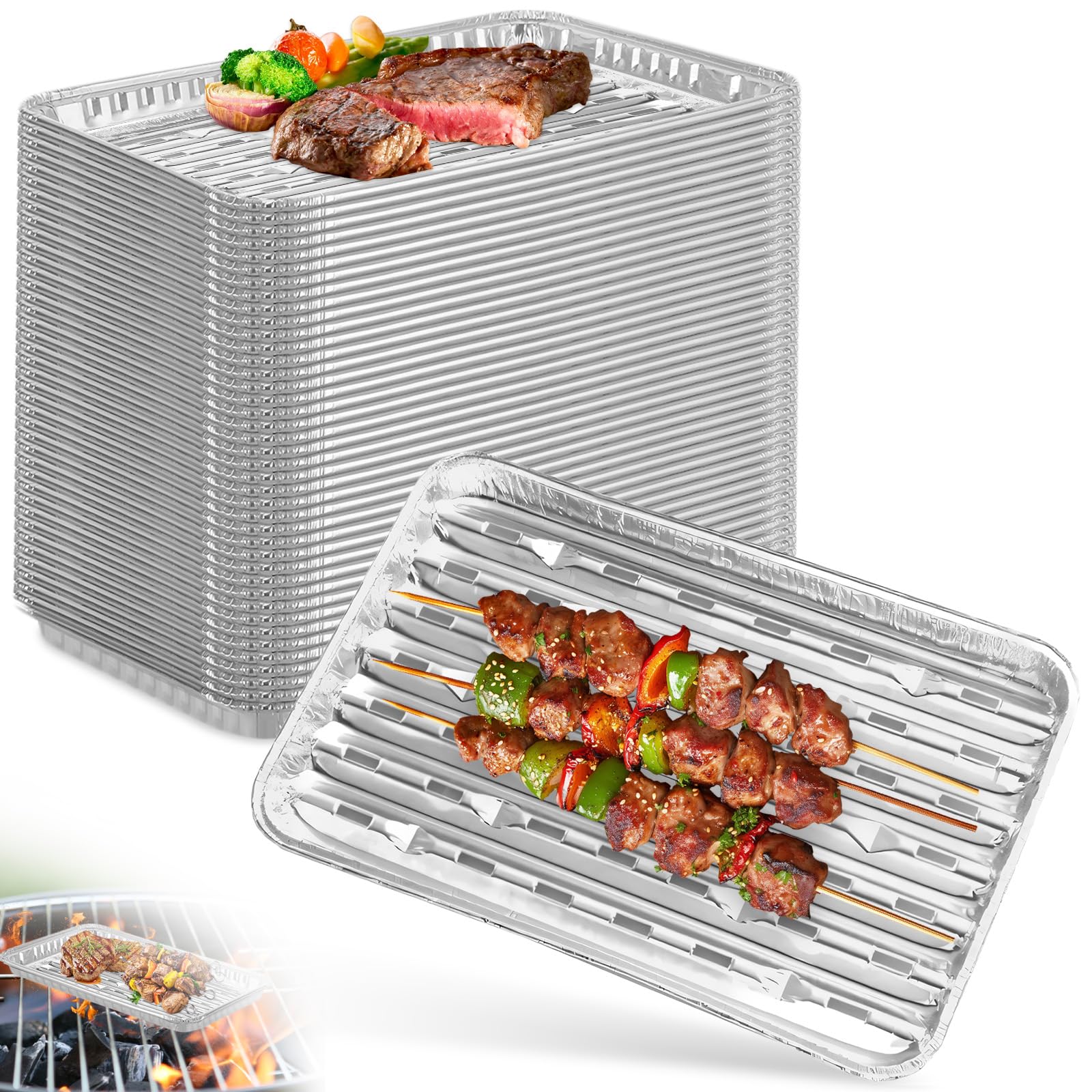 20Pcs Grilles Barbecue Aluminium avec Fentes 34x23cm, Barquettes Cuisson Viande Alu Jetables Camping, Bacs égouttement Barquette Frite Accessoires Barbecue Poisson Légumes​ pour Grill Gaz Charbon Four