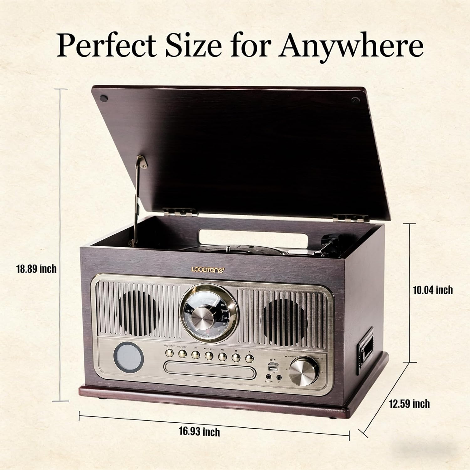 LoopTone All in One Bluetooth Vintage Turntable with 3 Speed Vinyl Record Player,CD Player/Cassette Tape/USB/TF Card,AUX in,FM/AM Radio,RCA Out,Recording