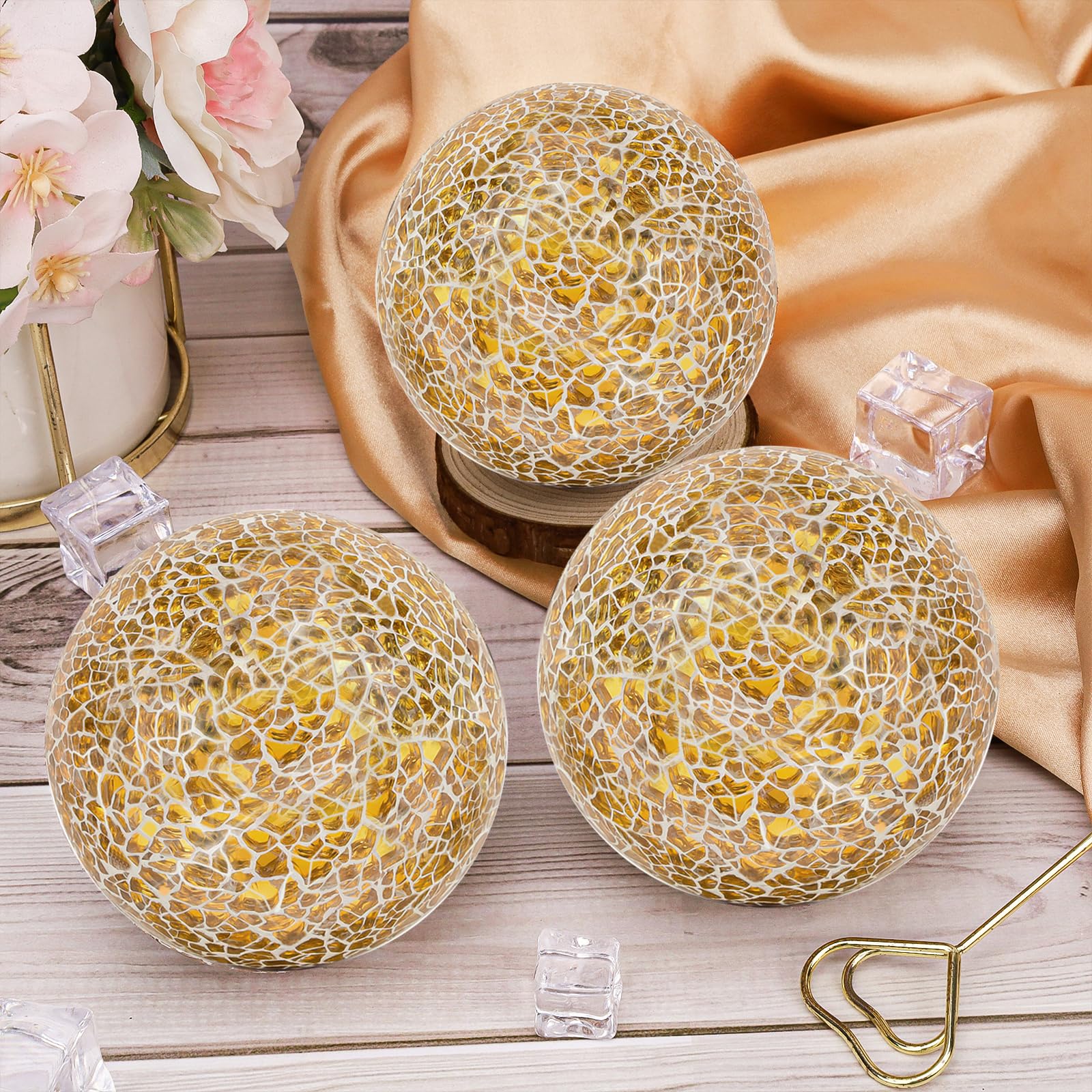 3Pcs Mosaico Sfera di Vetro 8cm Rotondo Crackl Orbs per Ciotole Vasi Tavolo da pranzo Centrotavola Decorazione della Casa - Oro