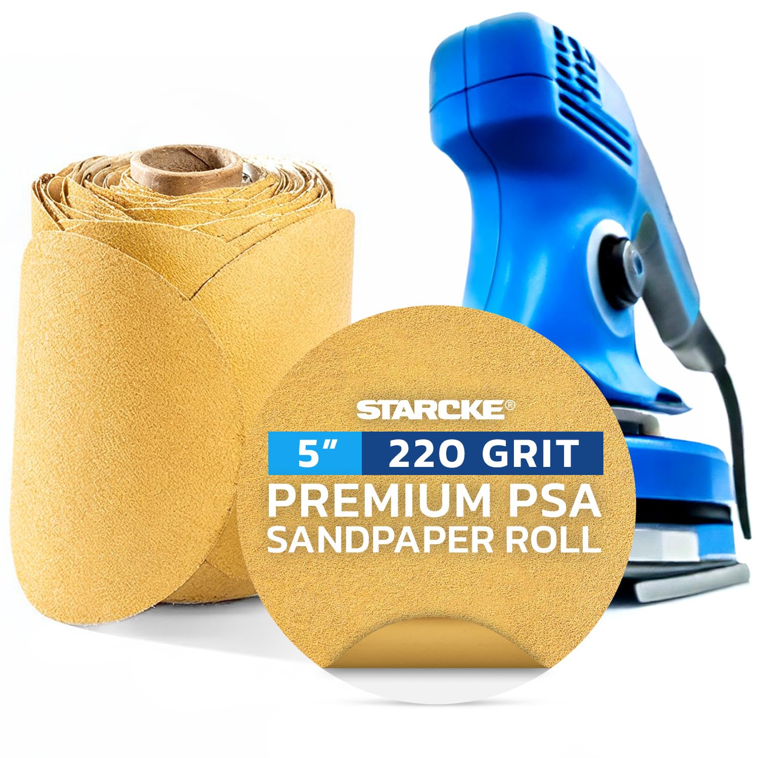 5 inch Sanding Discs 220 Grit Sandpaper Discs PSA Adhesive Sandpaper Roll No Hole - Disc Gold Round Sanding Paper, Durable Sand Paper for Wood, Auto