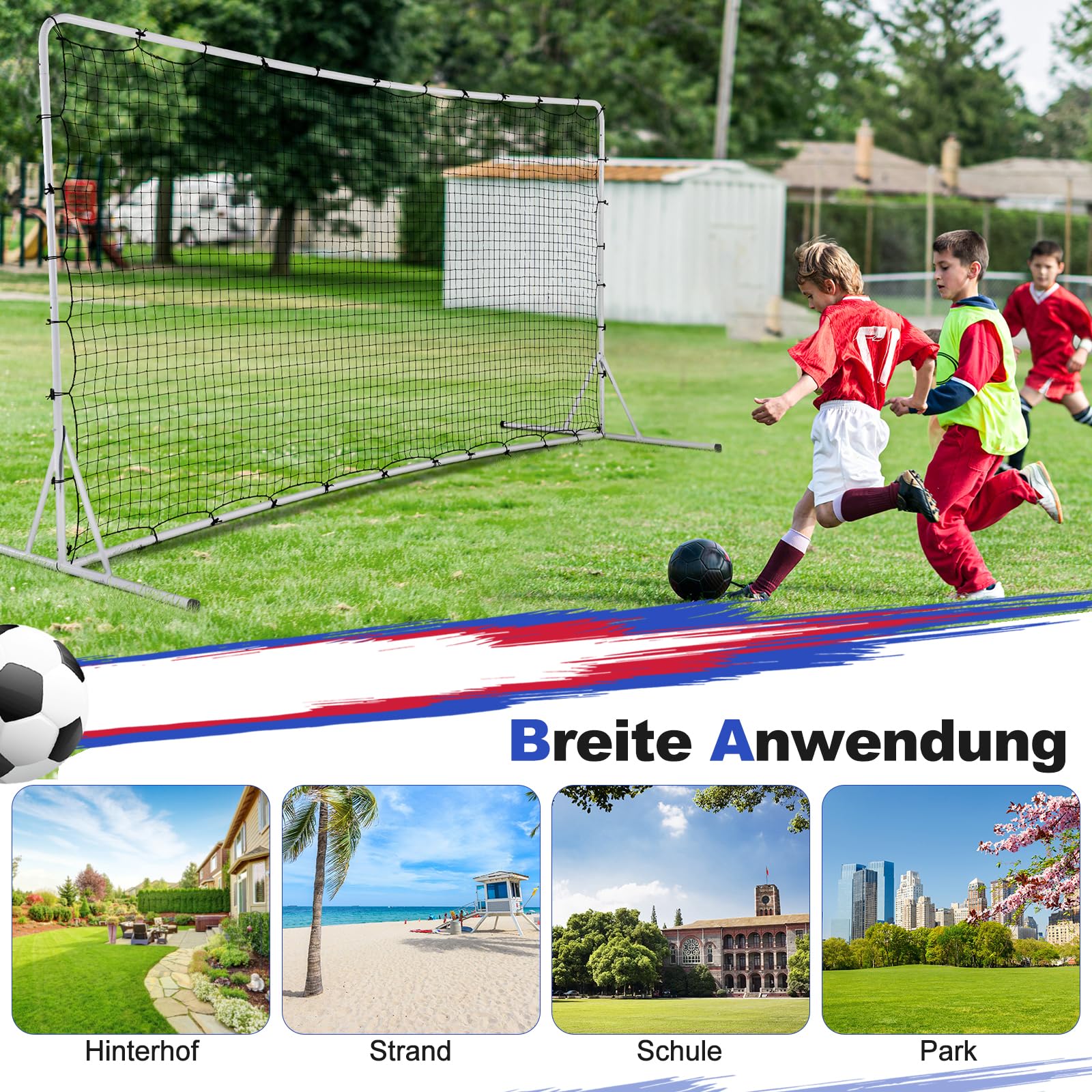 GYMAX Kickback Fußball Rebounder Tor, 372,5 x 182,5 cm, klappbar Kickback Tor, Fußballtor mit verschleißfestem Netz, Tragetasche & 6 Bodenpfählen, Fussballtore für Schule & Strand