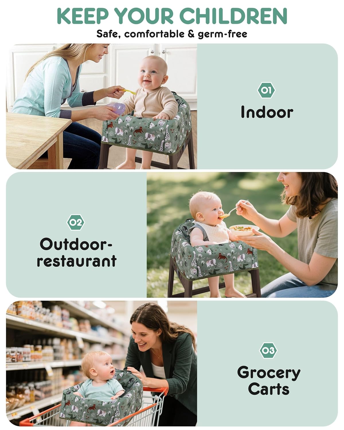 Baby High Chair Cover Restaurant with Strap Pads & 3-Point Harness, Machine Washable, Waterproof Portable Highchair Covers for Eating, Travel, Home Use - Fits Wooden Chairs, Green Dinosaurs