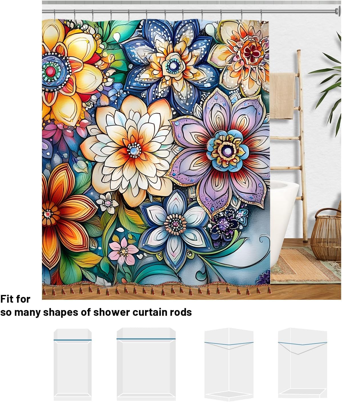 Boho Floral Shower Curtain with Tassels, Modern Farmhouse Mandala Flower Tassel Shower Curtain for Bathroom 72x72 Inch Waterproof Fabric Set with 12 Hooks Bohemian Country Bath Curtain Bathtub Decor