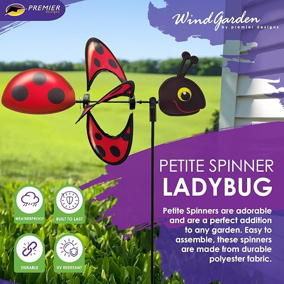 Premier Kites Petite Spinner Ladybug Whimsical Wind Spinner for Yard & Garden, Durable Weather-Resistant Fabric, Easy to Assemble, Outdoor Decor for Patios, Lawns, and More