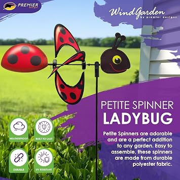 Premier Kites Petite Spinner Ladybug Whimsical Wind Spinner for Yard & Garden, Durable Weather-Resistant Fabric, Easy to Assemble, Outdoor Decor for Patios, Lawns, and More