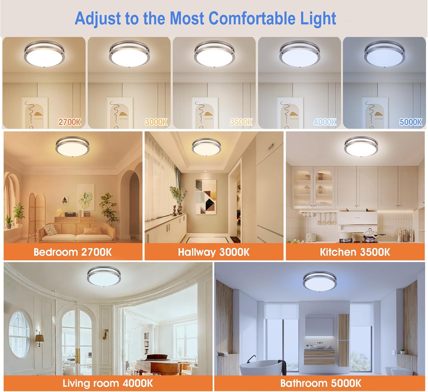 drosbey 50w dimmable led ceiling light fixture, kitchen light fixtures, 13.2 inch flush mount ceiling lights for bedroom, bathroom, 2700k/3000k/3500k/4000k/5000k selectable, super bright 5000lm brush nickel 50w