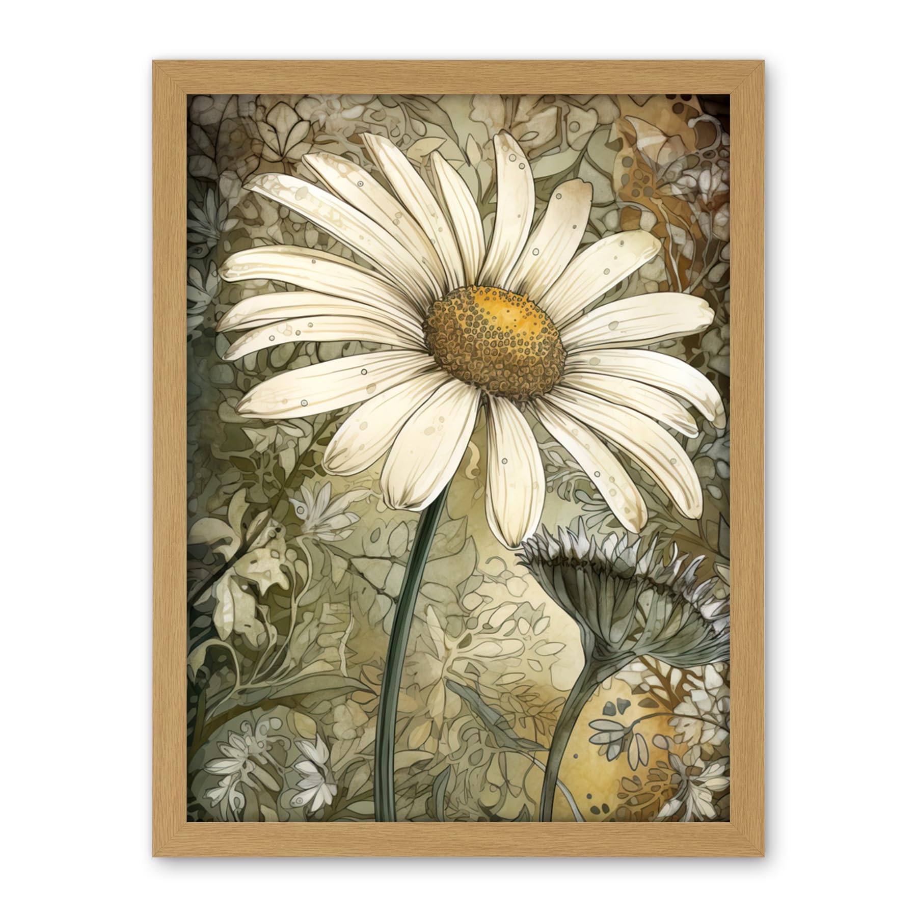 Artery8 Pastel Watercolour Daisy Flower Bloom Illustration Artwork Framed Wall Art Print 18X24 Inch