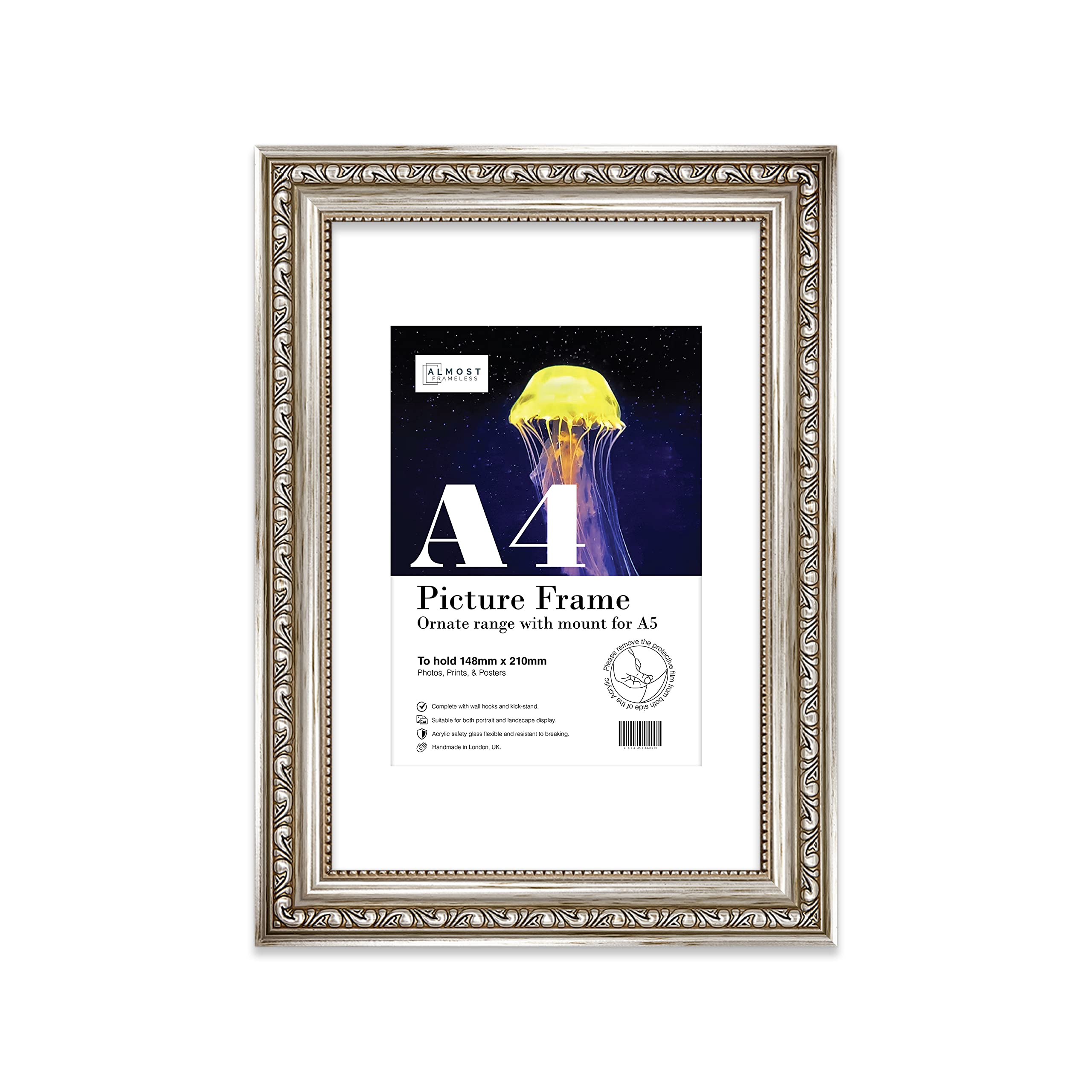 A4 Silver Ornate Picture Frame (29.7 X 21Cm) With Mount For A5 PosterPhotoArtworkGallery Wall Or Print from B&Q