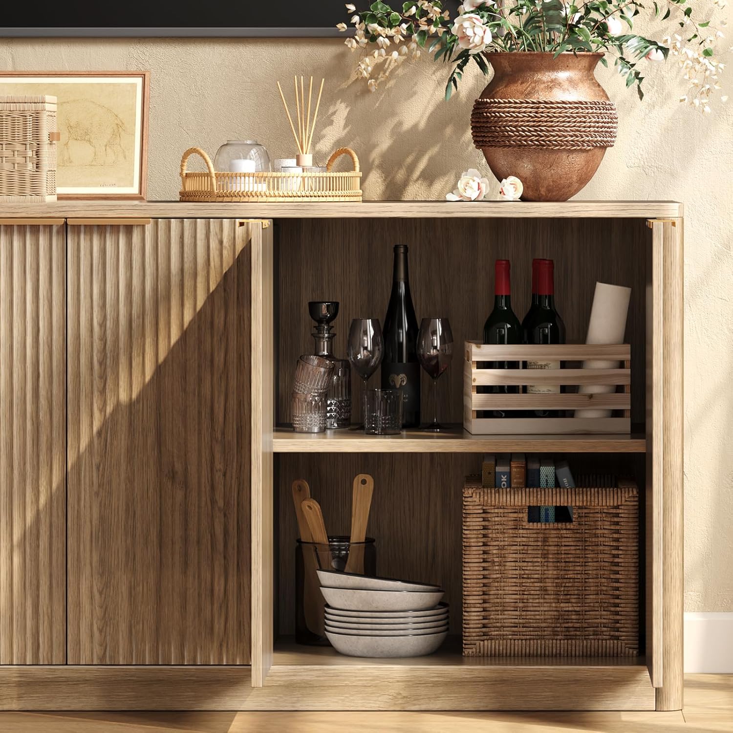 Evermagin 67" Oak Fluted TV Stand for TVs up tp 75", Mid-Century Modern Entertainment Center with Storage Cabinets and Fluted Doors, Wood Media TV Consoles for Living Room and Bedroom Furniture - Image 4