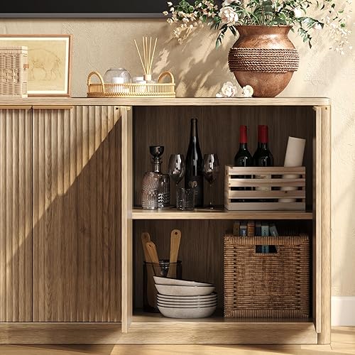 Miniatura 6 de Evermagin Soporte de TV acanalado de roble de 67 pulgadas para televisores de hasta 75 pulgadas, centro de entretenimiento moderno de mediados de