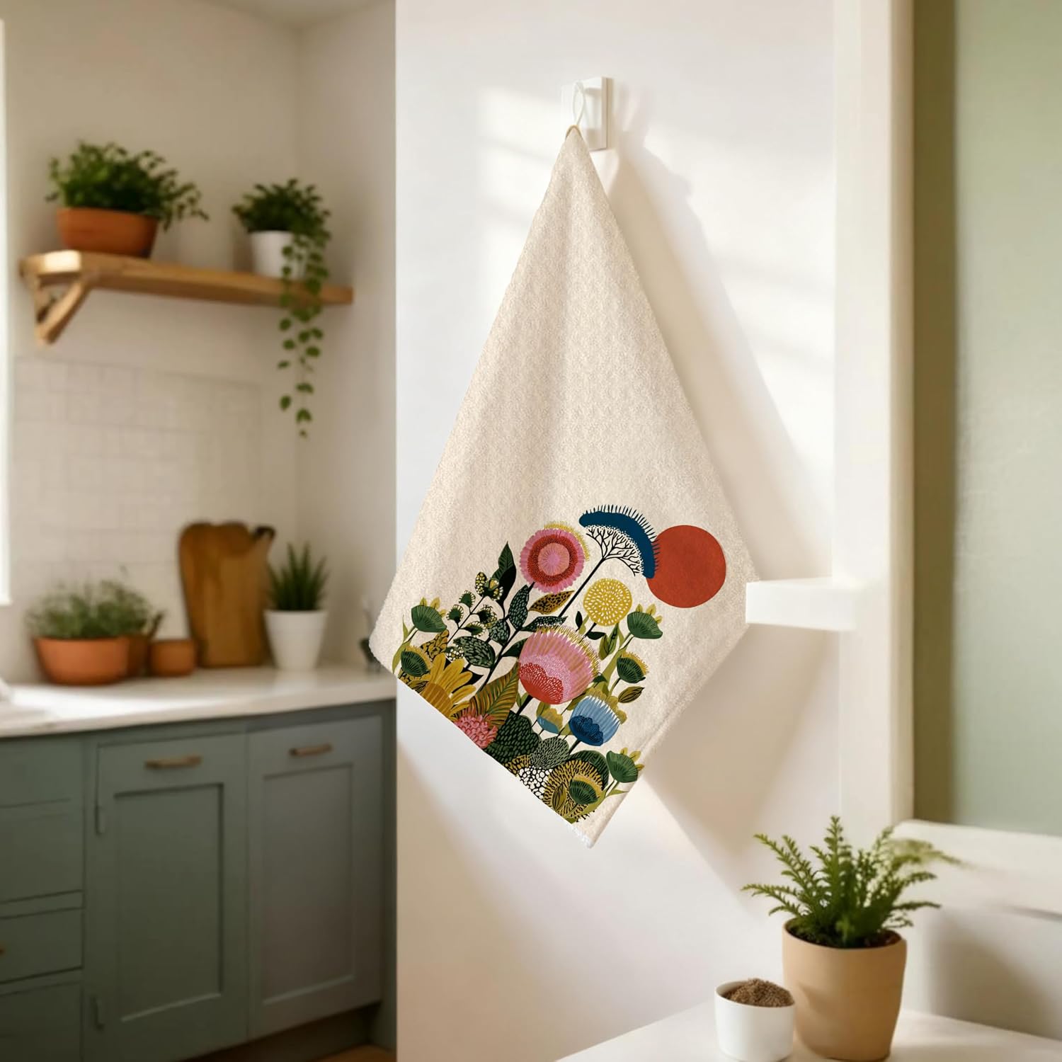 Boho Colorful Floral Kitchen Towels, Mid Century Flower Decorative Hand Towels for Bathroom, Modern Abstract Wildflower Dish Tea Towel for Kitchen Decor, 16x24 Inch image 4