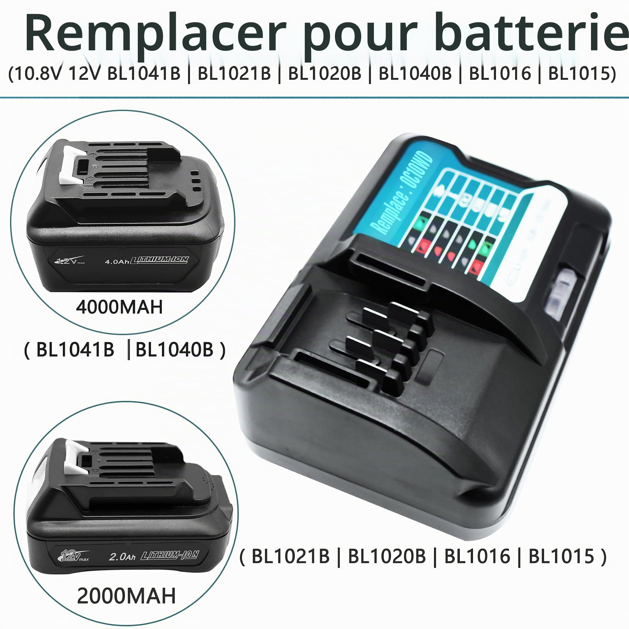2X 12V 2000mAh BL1021B Batterie avec Chargeur DC10WD