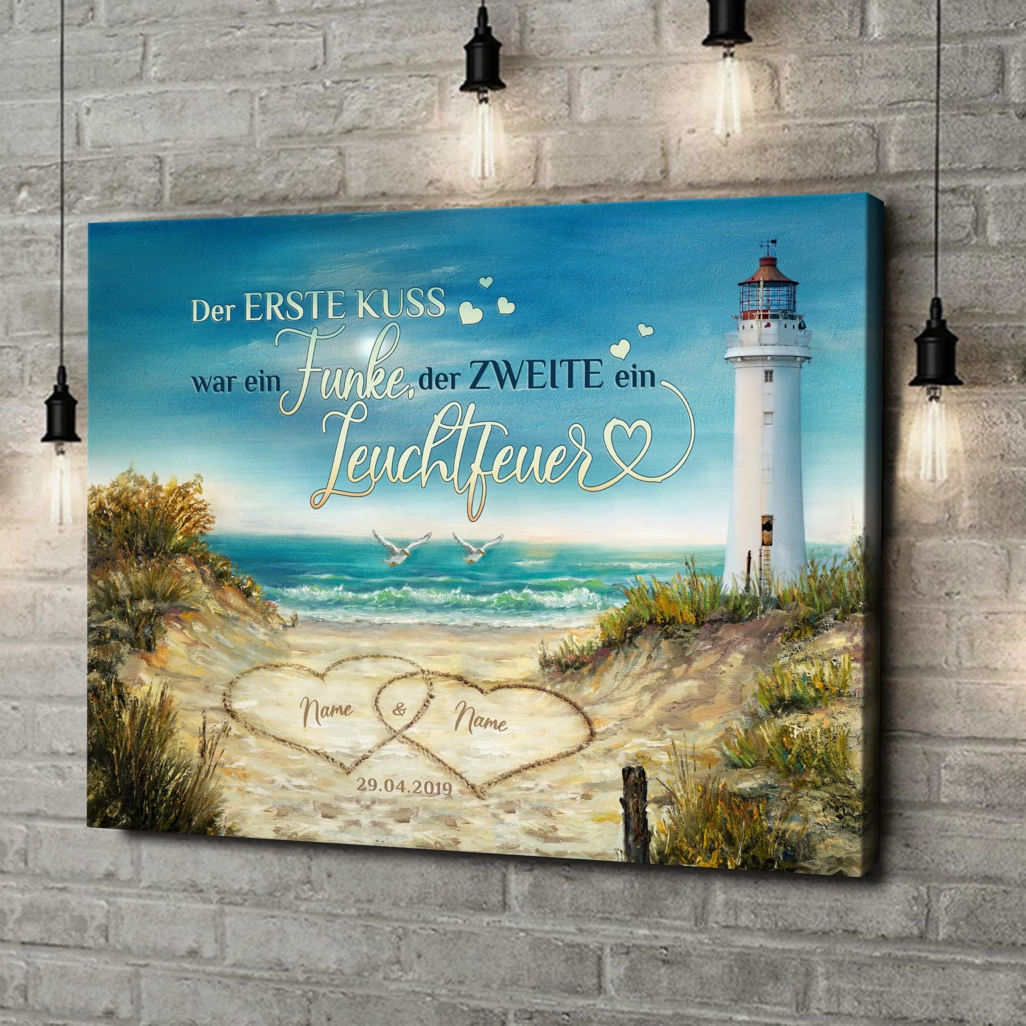 Liebesleinwand Leinwandbild personalisiert | Leinwand gestalten mit Namen und Datum Geschenk für Partner | Leuchtfeuer der Liebe