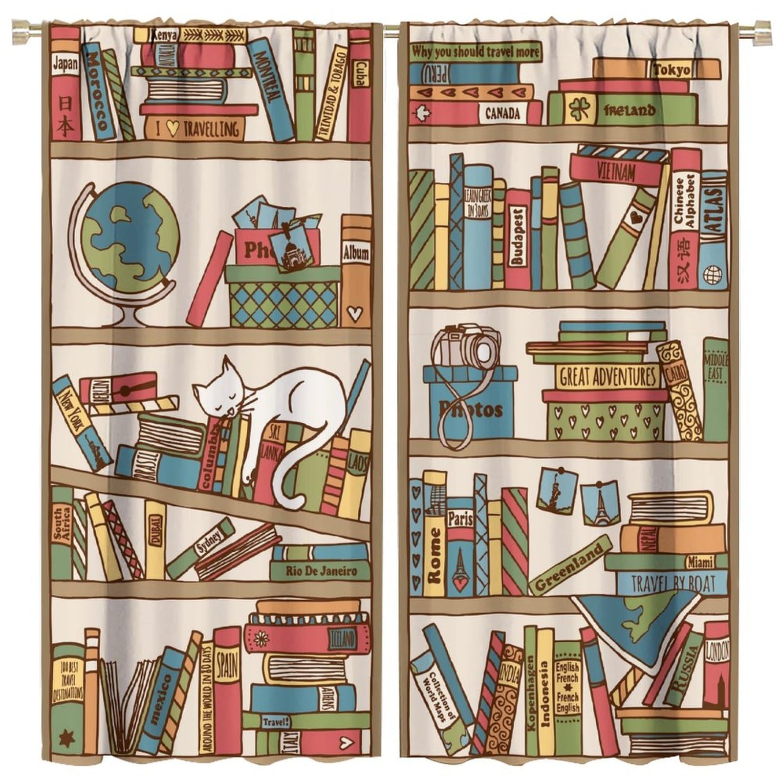 Bookshelf Cat Blackout Curtains, Boho Style Cartoon Fun Nerd Book Kitty Sleeping Over Bookshelf Library Prints Rod Pocket Window Treatments Drapes for Bedroom Living Room63x63in