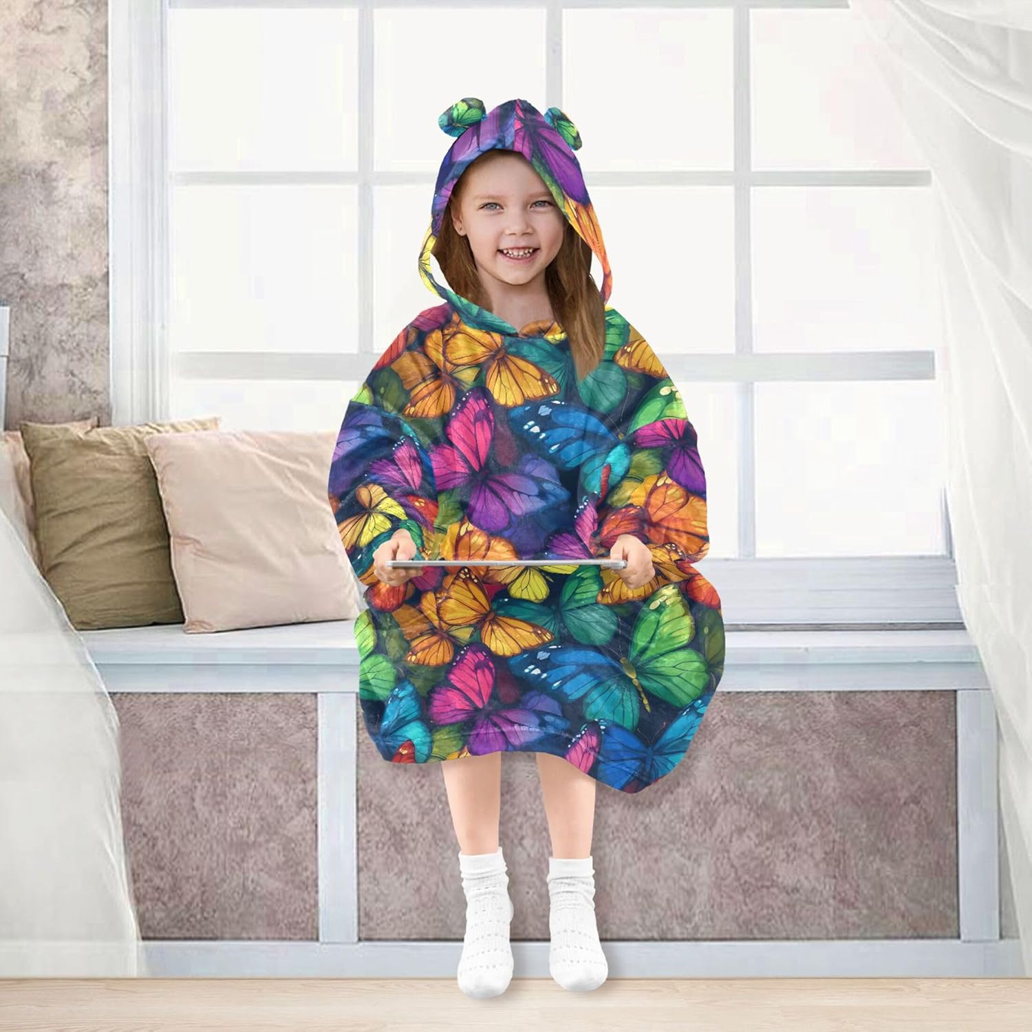 Butterfly Flowers Kids Wearable Blanket Hoodie with Pocket and Sleeves for Toddlers, Cute Hoodies Girls Boys B0403971
