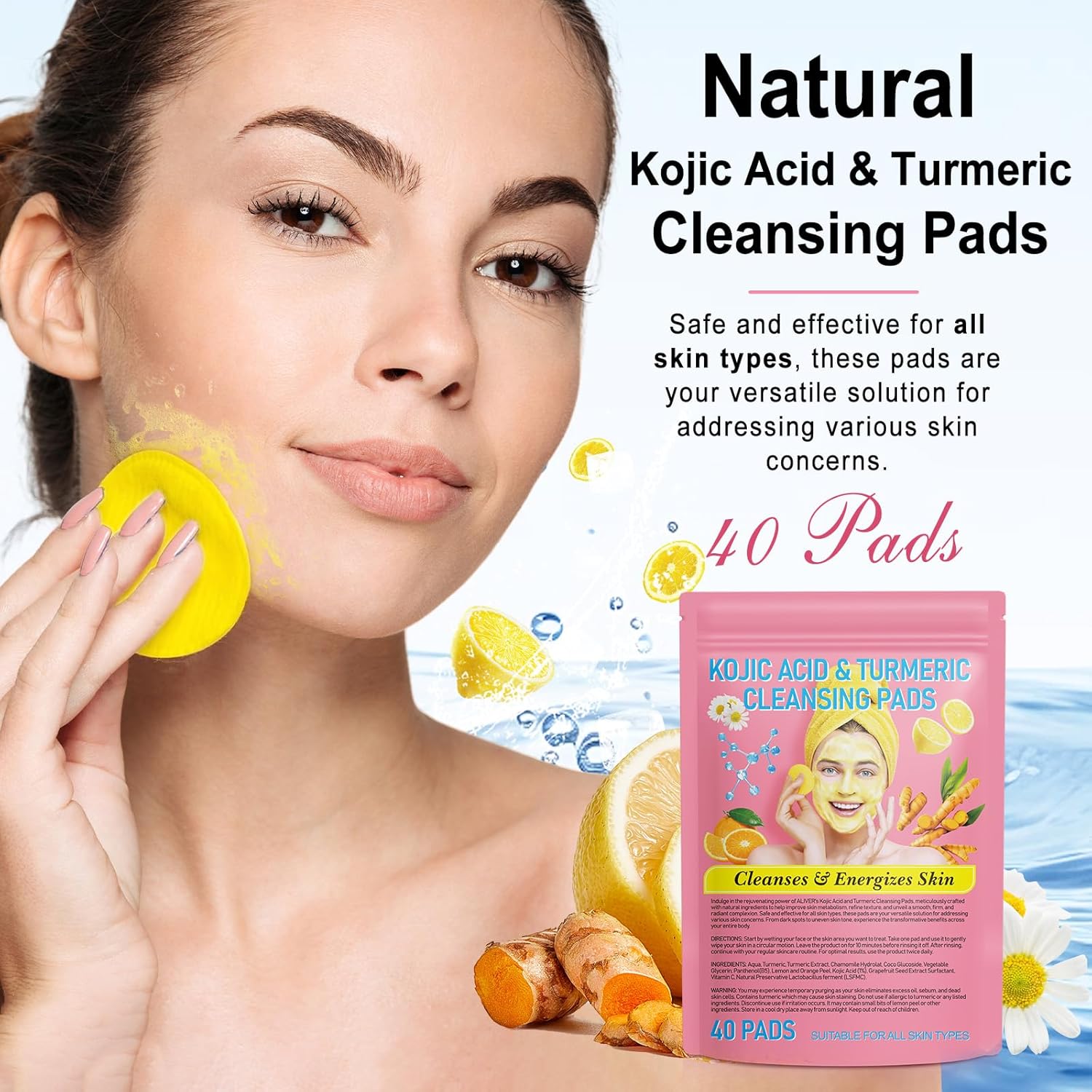 Turmeric Kojic Acid Cleansing Padsfor Face Dark Spots Cleansing & Exfoliation, Soothing & Calming with Kojic Acid, Turmeric, 80 Pads - Image 2