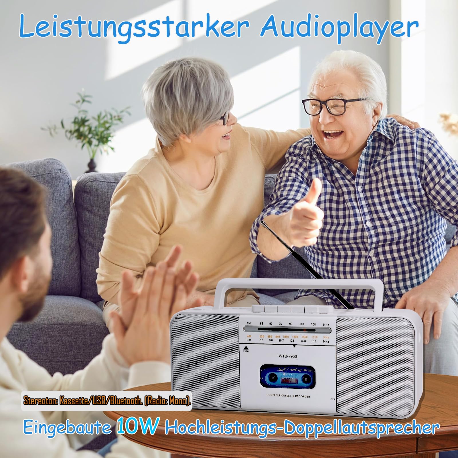 Lecteur cassette Boomboxe Bluetooth, enregistreur AM/FM/W, convertisseur cassette MP3, haut-parleur 10"