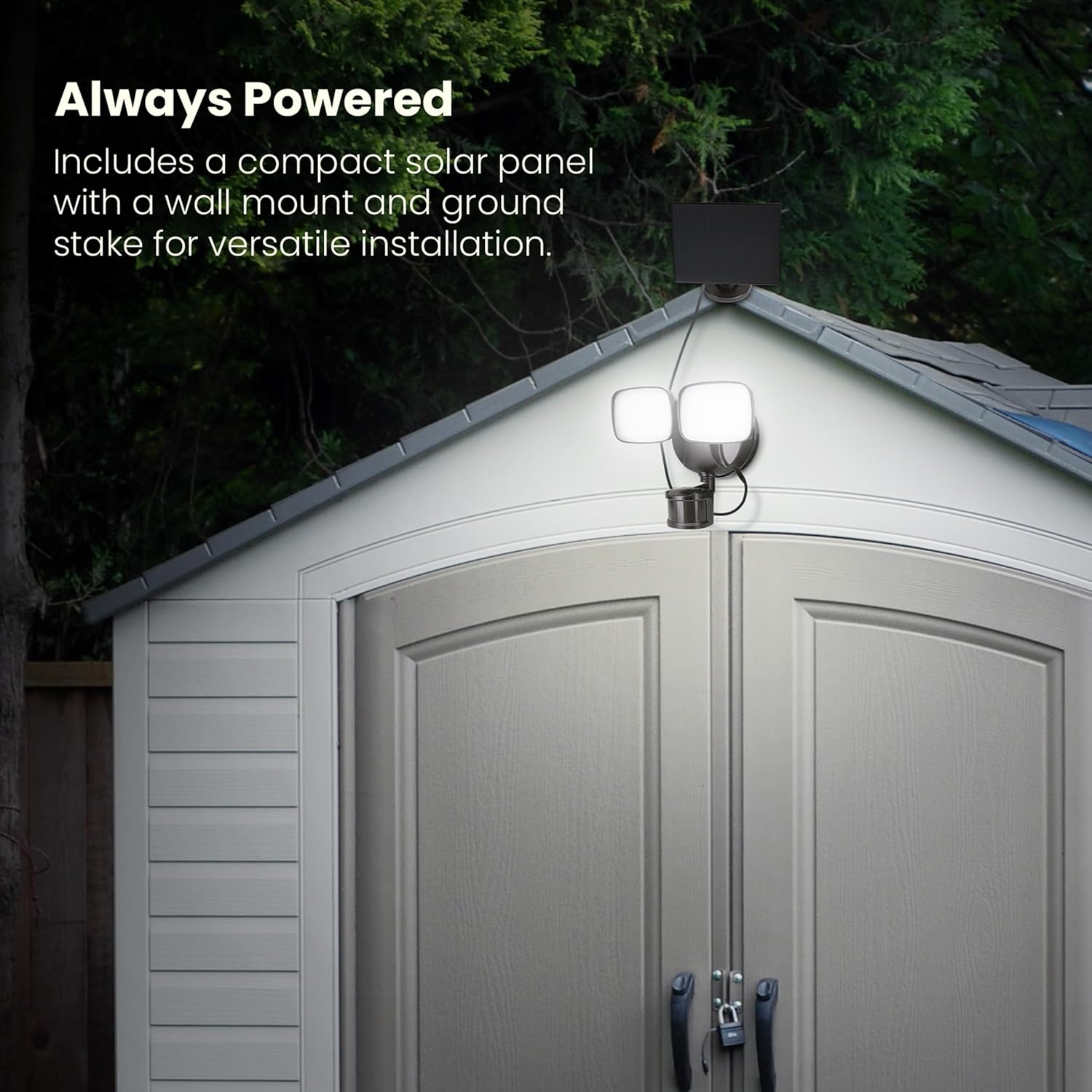 Feit Electric Floodlight and solar panel installed on a shed