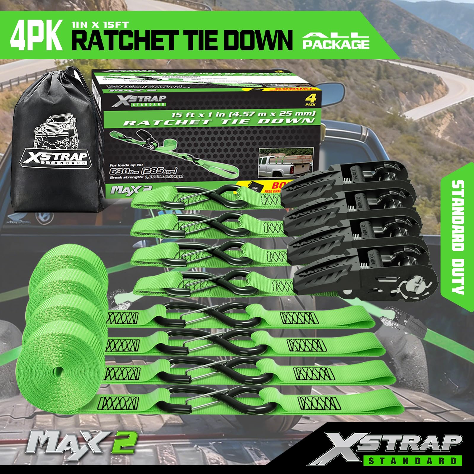 XSTRAP Standard Ratschenspanngurte, 4 Stück, 1 Zoll x 15 Fuß, 600 lbs, 1800 lbs, Ladungsgurte mit gepolsterten Griffen und beschichtetem S-Haken mit Clip