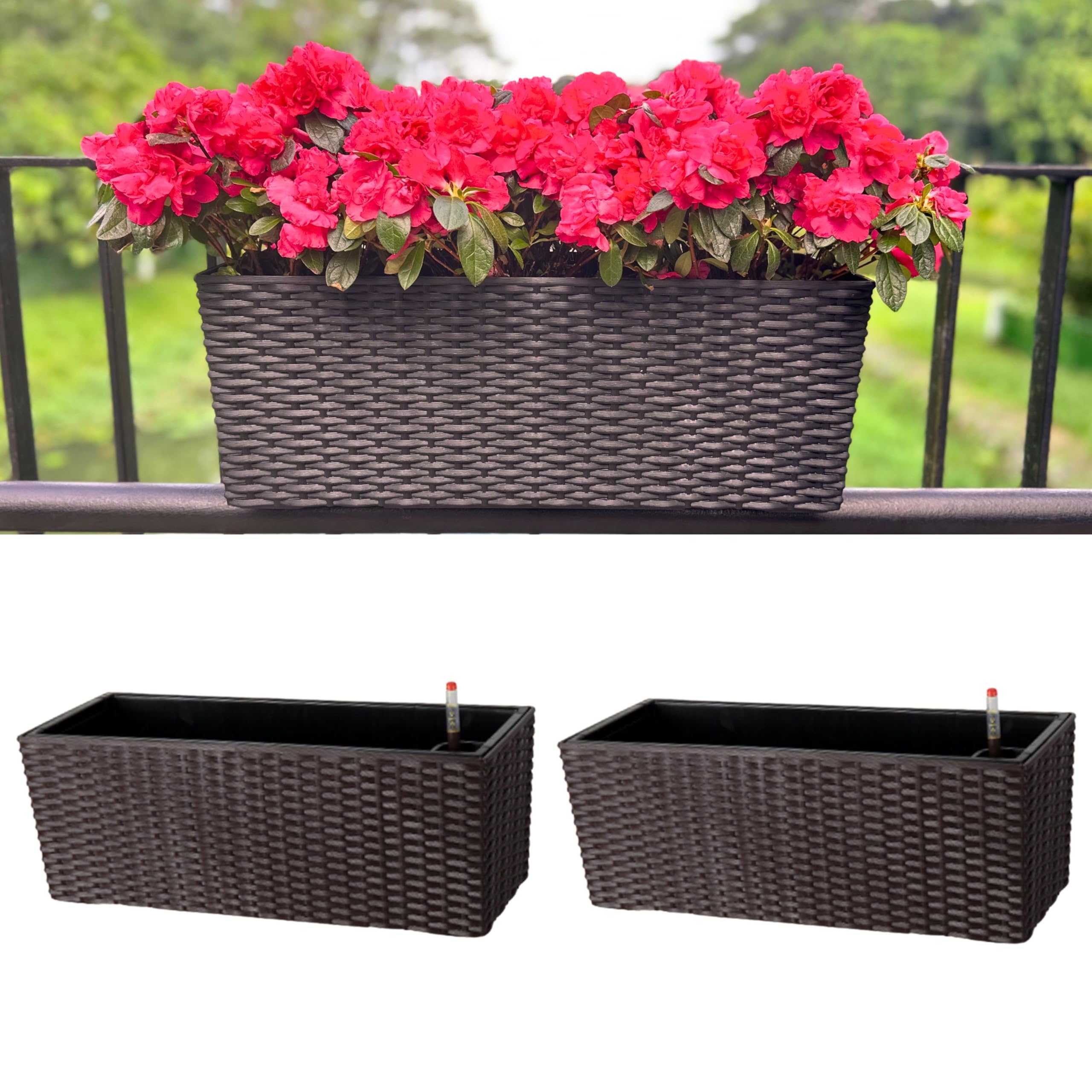 LaLaGreen Outdoor Rail Planter for Balcony (2 Pack, 20 Inch) Large Black Self Watering Railing Planters with Brackets, Rectangular Plastic Window Flower Box Fence Designer Choice with Rattan Pattern