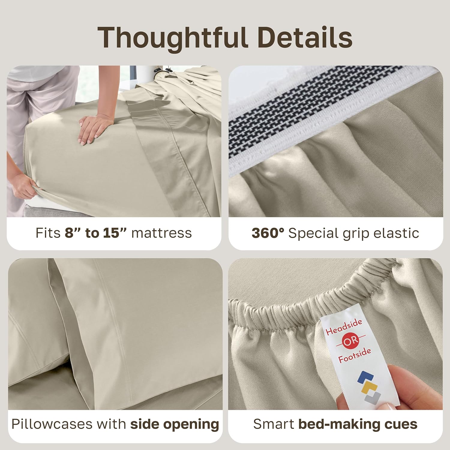 California Design Den Split King Sheet Set - Luxury 800 Thread Count, 100% Cotton Sateen, Bedding Set with Deep Pockets Sheets - Beige - Image 5