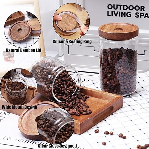 Miniatura 4 de REFSAVER Tarro de vidrio con tapa, recipiente de café con tapa de madera de bambú hermética, recipientes de almacenamiento de vidrio para dulces,