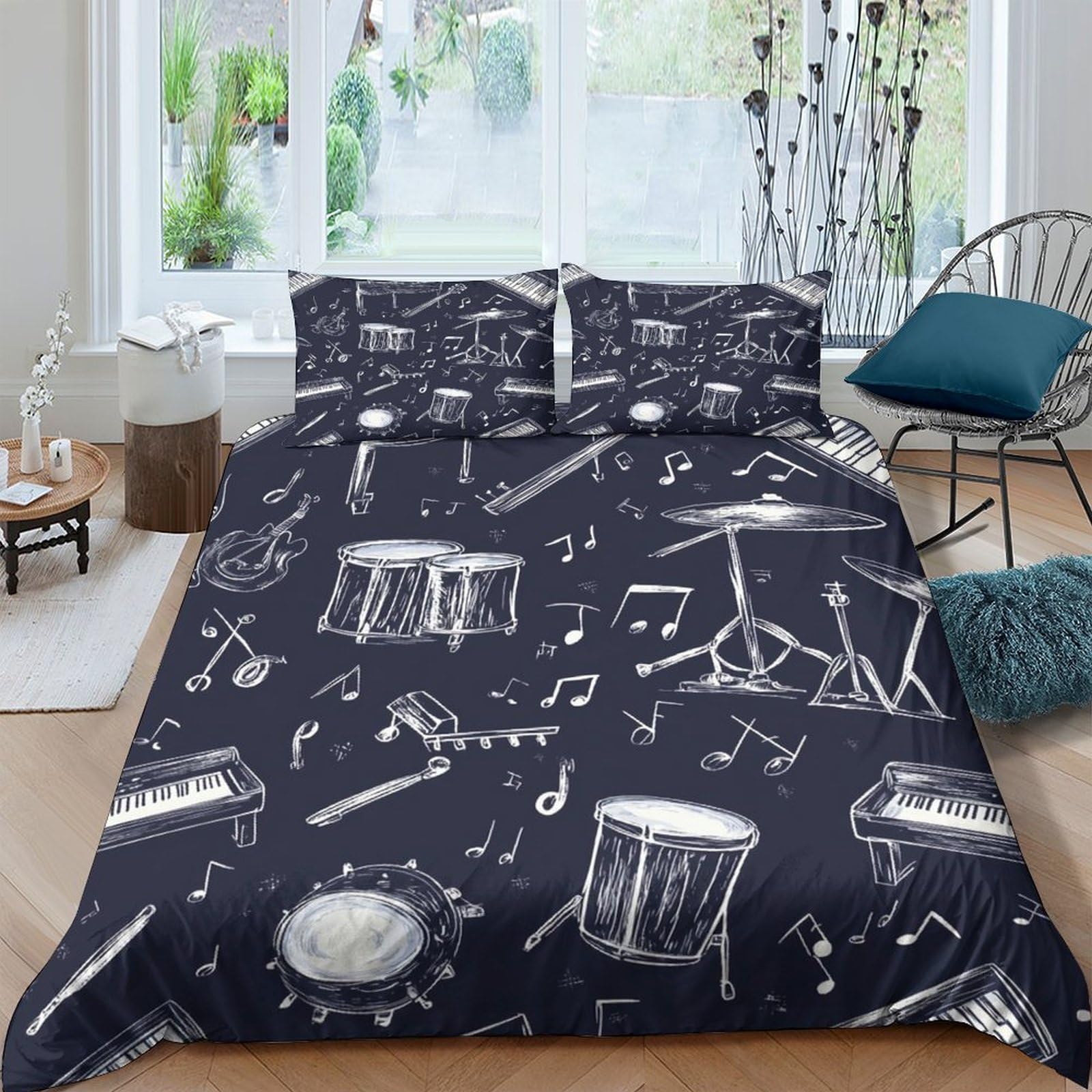 GPLZQXKJNH 3D Printed Drum Music Duvet Cover Microfiber Soft Breathable Instrument Bedding Set with 2 Pillowcases for Bedroom Decor Single（135x200cm）