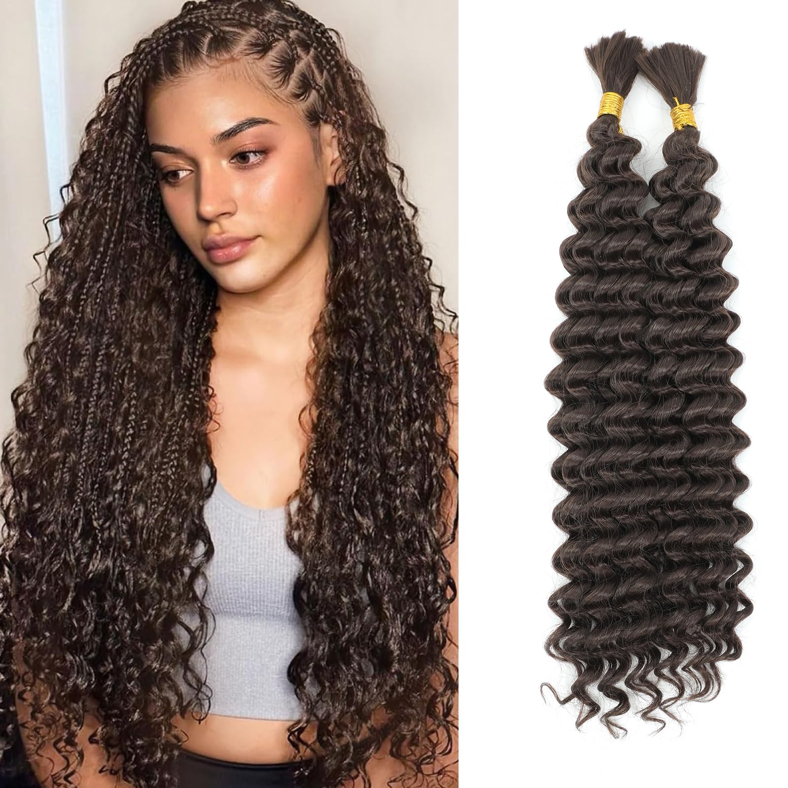 Deep Wave Bulk Hair for Braiding 18 Inch No Weft Deep Wave Bundles Curly Braiding Hair Extensions for Boho Braids and Wavy Braiding Hair 2 Braids per Pack (4#