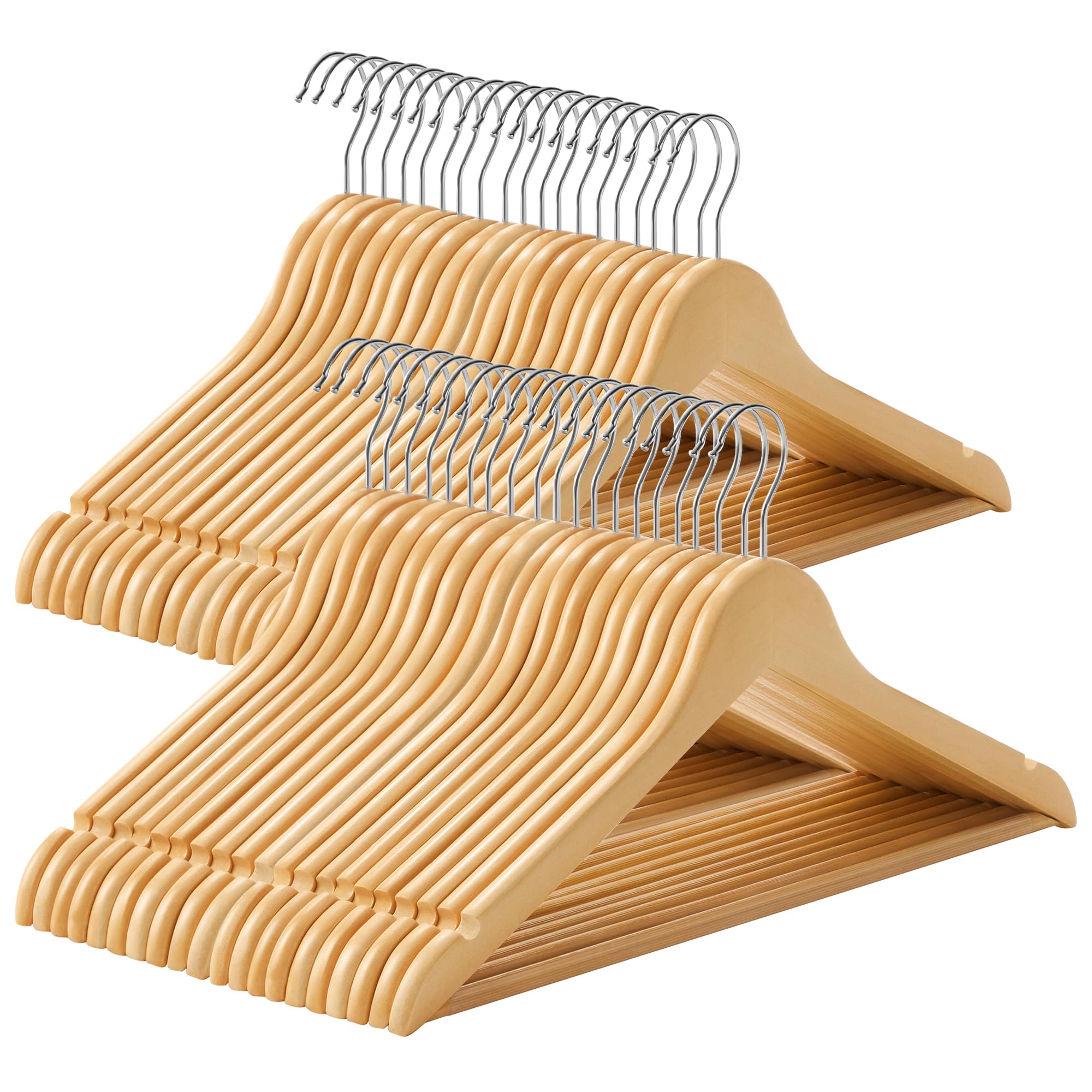 SONGMICS Grucce Appendiabiti in Legno Set di 40, Gancio Girevole a 360° | Stampelle Armadio, Design Ergonomico, Appendini Salvaspazio per Completi e Cappotti, Portata 5 kg, Naturale