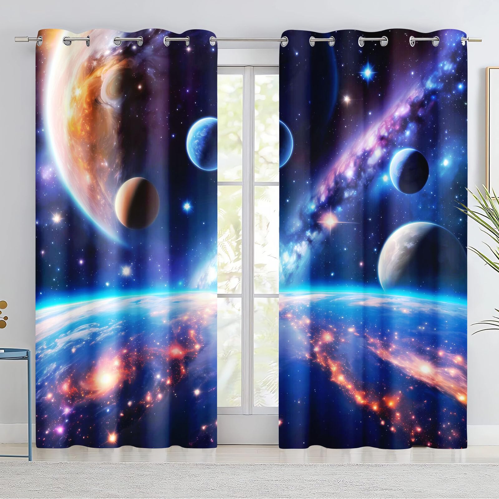 blickdichte Weltraum Vorhänge mit Ösen, Kinder 75x166 2 Stück | hautfreundlicher waschbarer Stoff mit bleichfestem Druck, Größe 150x166 cm