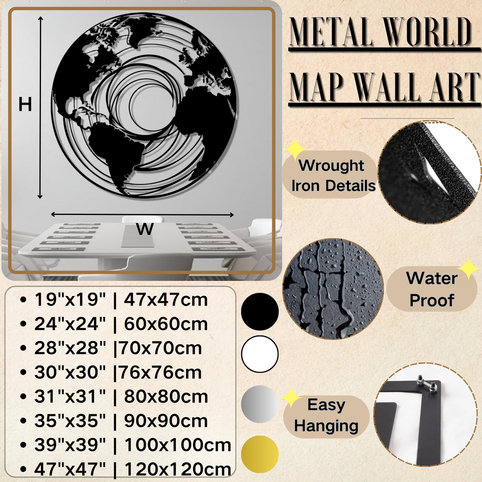 Schwarze Weltkarte aus Metall, Wanddeko mit Kontinenten aus Metall, Moderne Skulptur als Kartenmotiv für Wohnzimmer, Schlafzimmer, Flur und mehr (Schwarz, 30 x 30 cm)