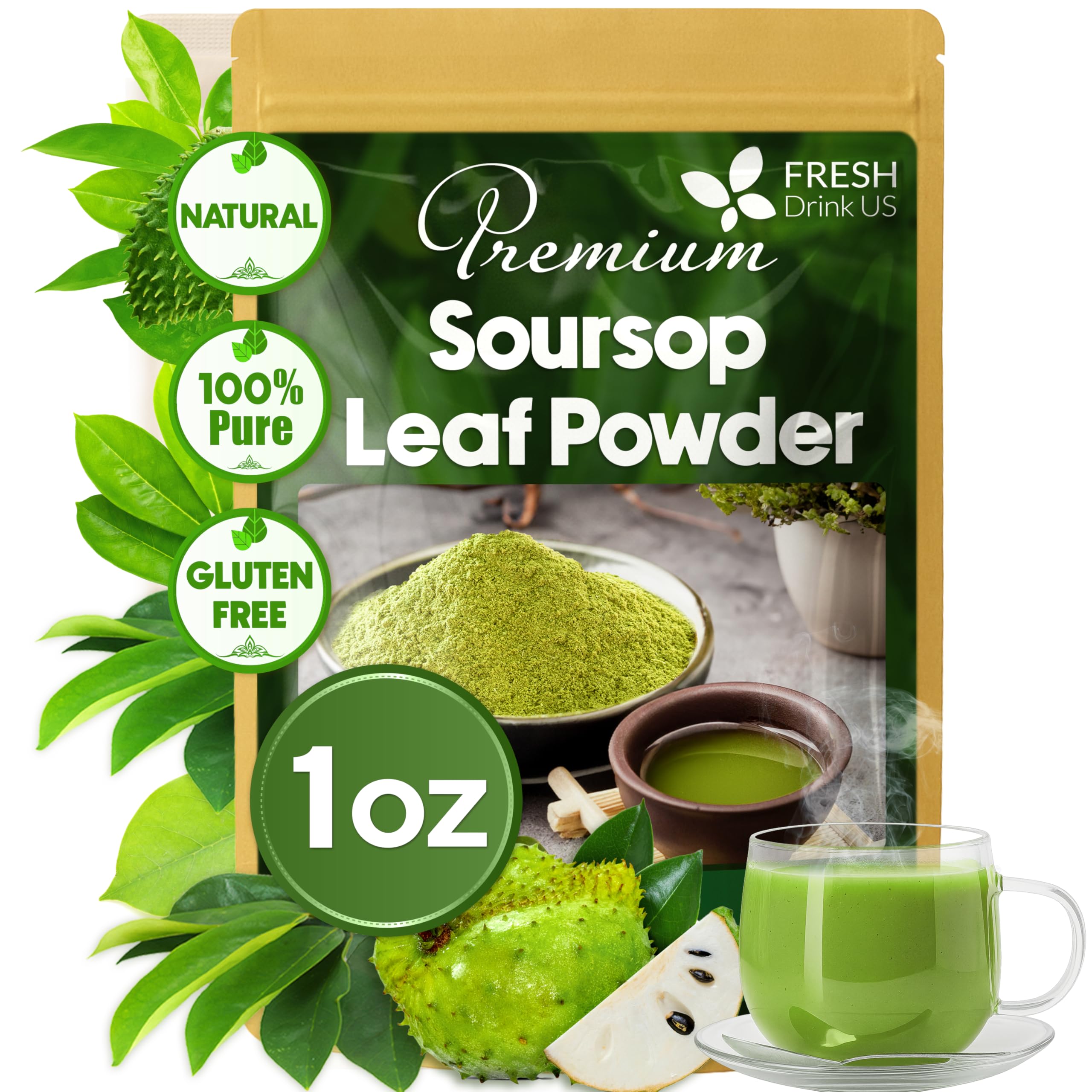 FRESHDRINKUS, Premium 1oz Soursop Leaf Powder, 100% Natural & Pure from Soursop Leaves, Wildcrafted, Graviola Powder, Hoja Guanabana, No Sugar, No Gluten, Vegan
