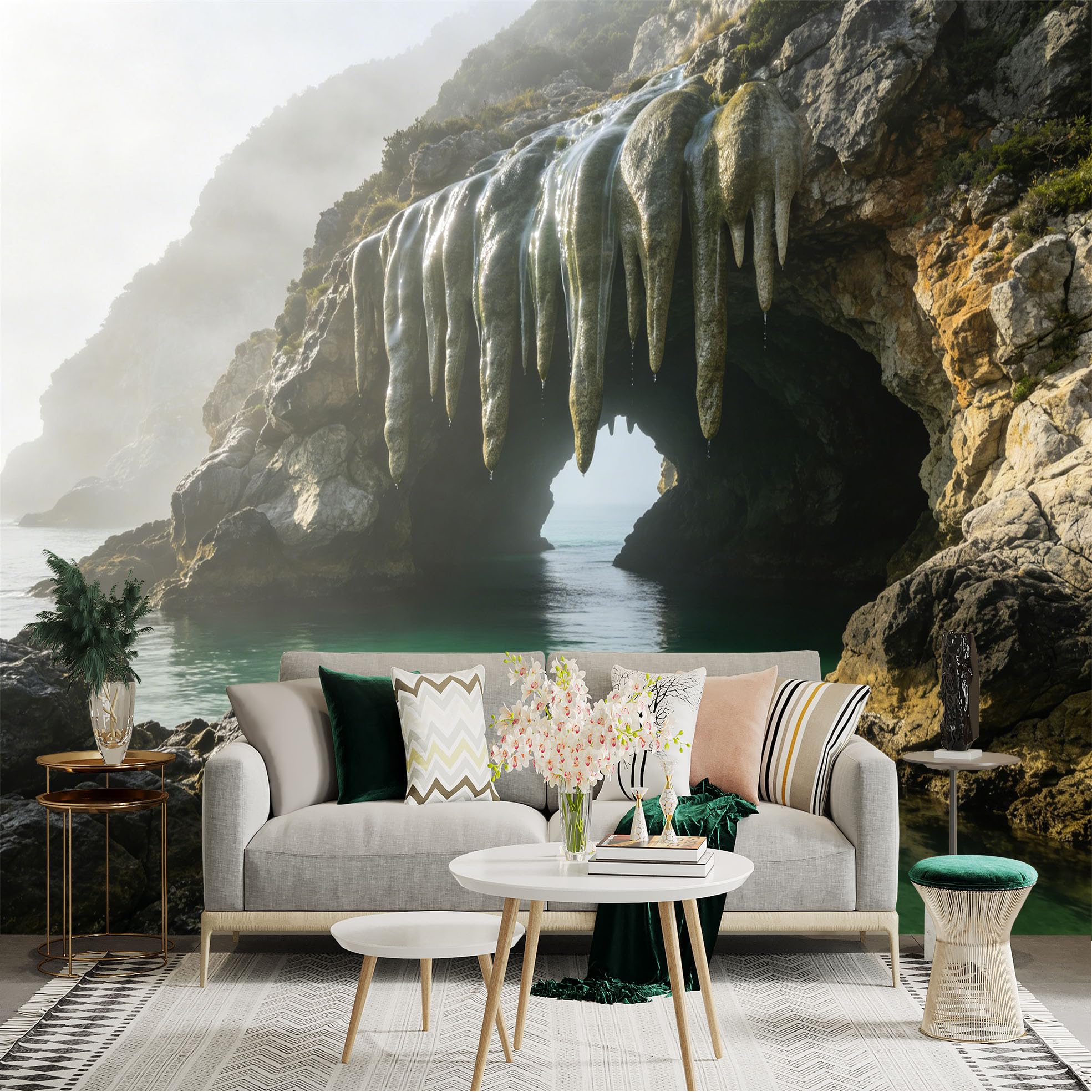 Lnzczhyre Dbh260521810 Custom Size Wall Sticker Mural， Mysterious Coastal Cave， Limestone Rock Formations， Turquoise Ocean Water， Misty Morning Seascape， For Wall Decoration， Peelandstick Wall Decals.