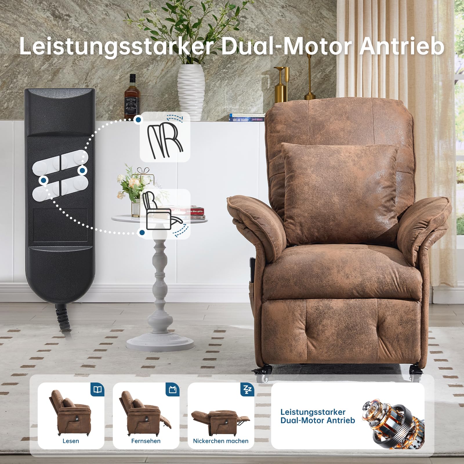 2 Motoren Elektrischer Relaxsessel, Fernsehsessel mit Liegefunktion, TV Sessel Wohnzimmer mit Rollen, Verstellbarer Rückenlehne & Fußstütze, 2 Seitentaschen, Recliner Chair, Braun Flockleder