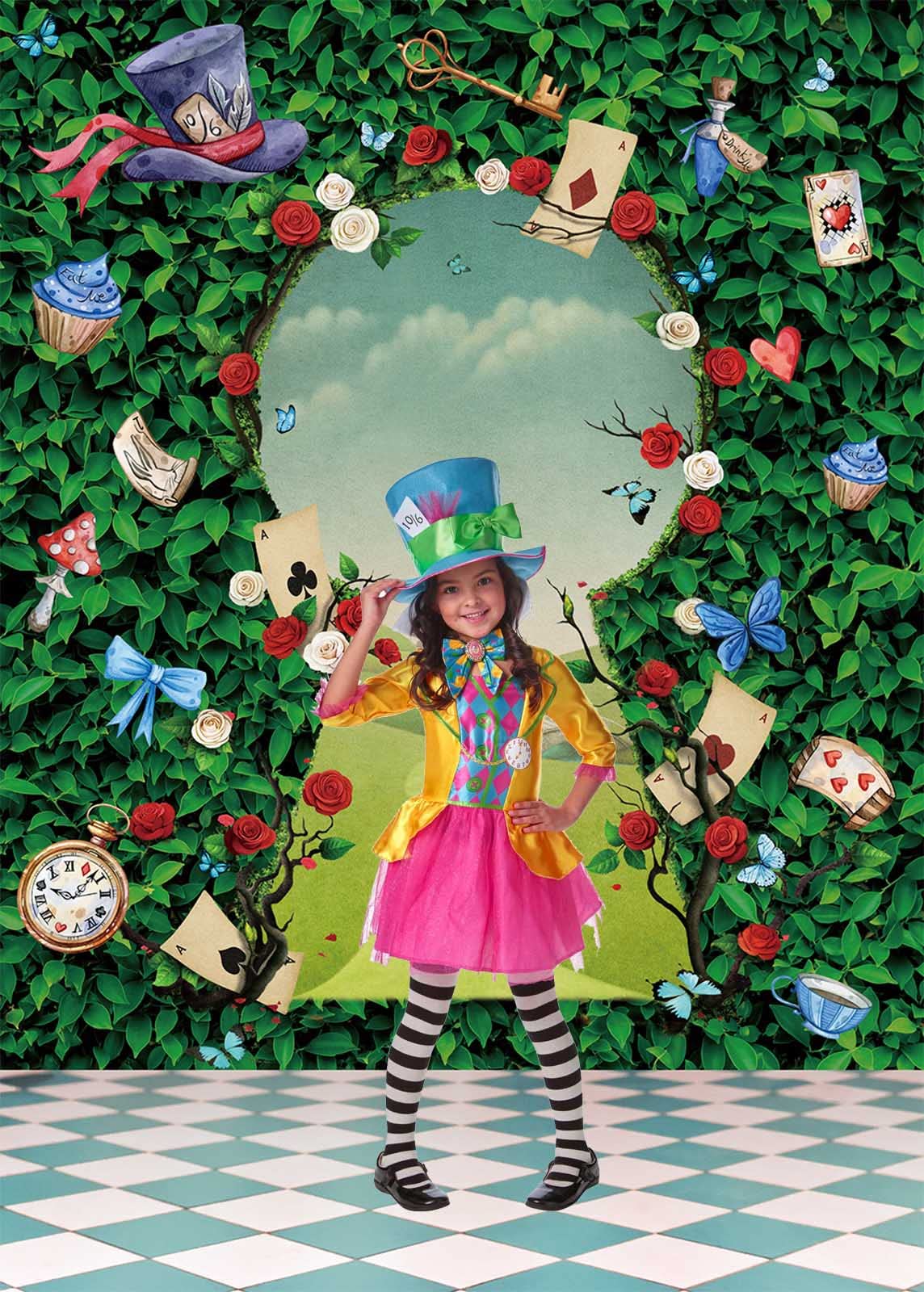 Wonderland, sfondo per feste di tè, foglie verdi, rosa, cappello magico, decorazione a scacchiera, ragazza, compleanno dei bambini, oggetto di scena (1,8 x 2,4 m)