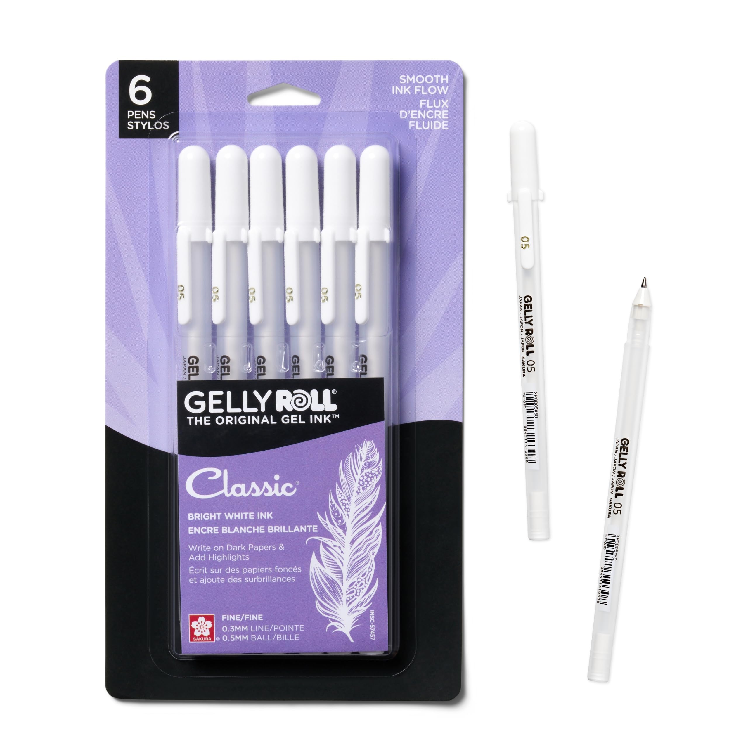 SAKURA Gelly Roll Classic White Pens 05 Fine ,White ,Pack of 6,57457