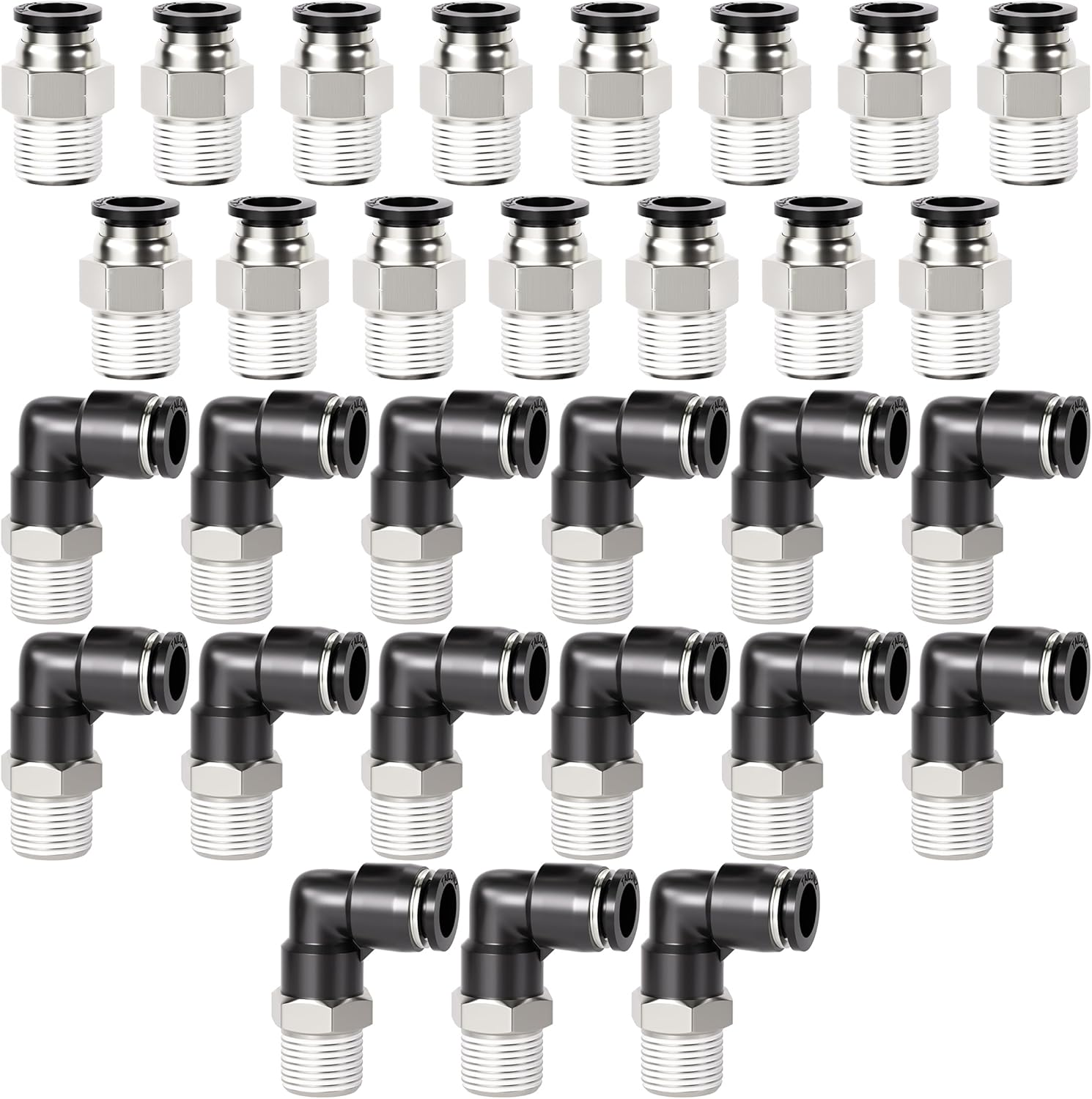 TAILONZ PNEUMATIC Elbow and Straight Combination 3/8 Inch Tube OD x 1/4 Inch NPT Thread Push to Connect Fittings PC-3/8-N2+PL-3/8-N2(Pack of 30)