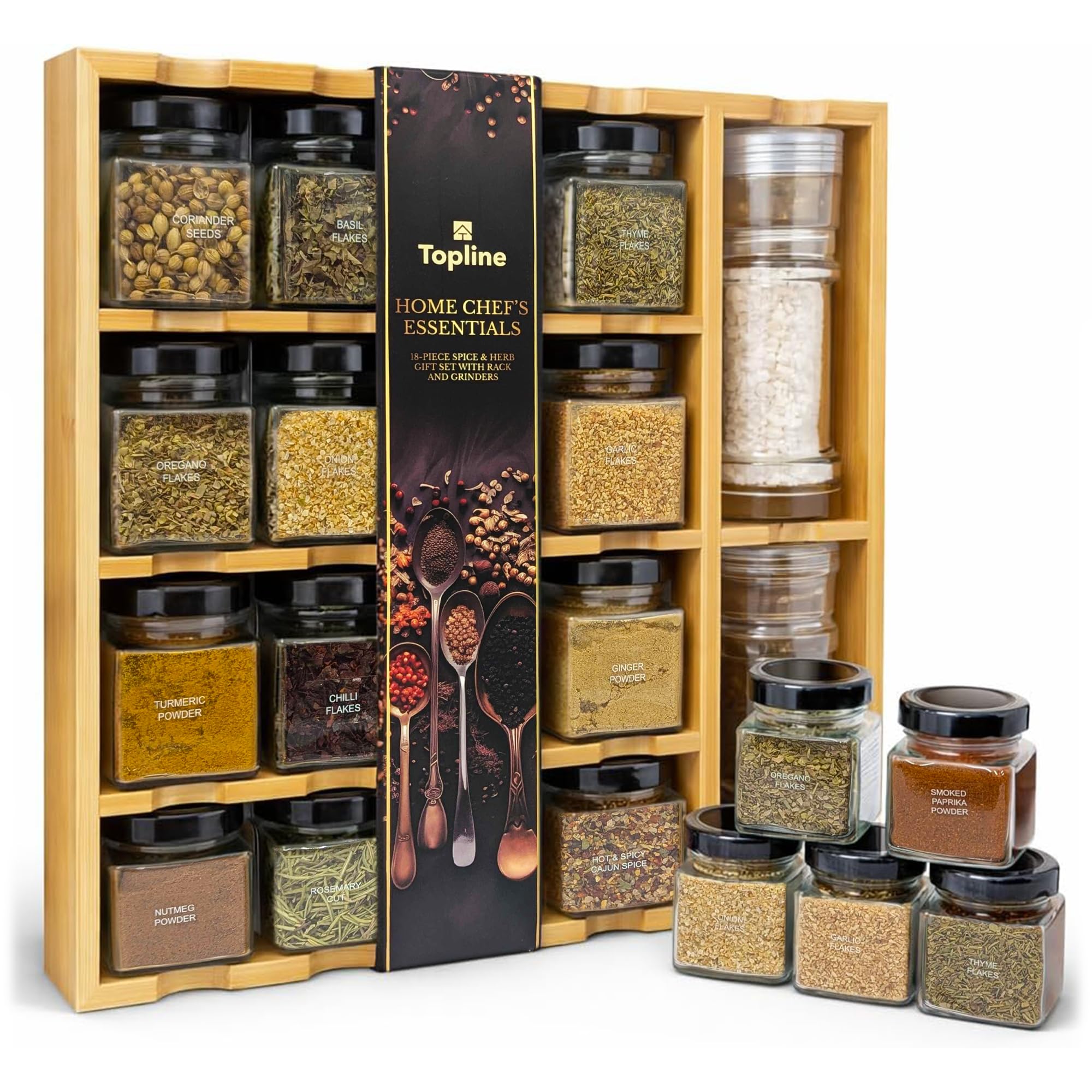 Topline Wooden Spice Rack with Spices Included, Glass Jars & Salt and Pepper Grinders – Wooden Countertop Spice Storage Organizer Set for Kitchen Counter, Cabinet, Pantry, or Cooking Prep Area