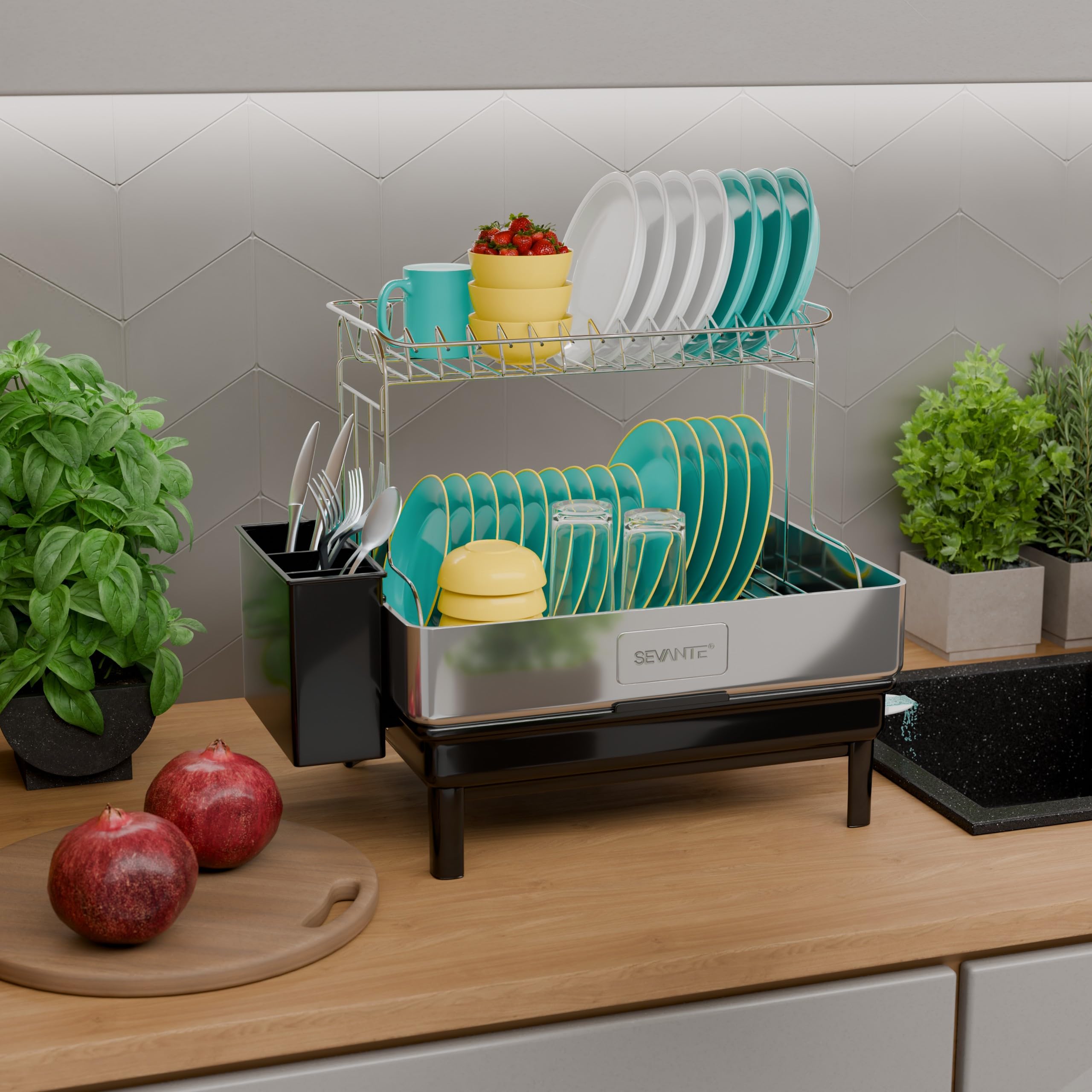 Abtropfgestell Geschirr Edelstahl Schwarz 48,5x32x38,5 cm - Geschirrabtropfgestell Kitchen - Geschirrständer - Moderne Abtropfgestell - Dish Drainer