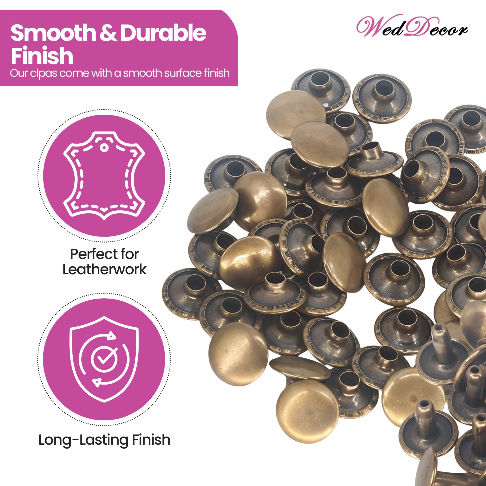 WedDecor Komplettes Leder-Bastelbedarf-Set – Bronze – 8 mm Doppelkappen-Nieten, 14 mm magnetische Schnappverschlüsse, 15 mm S-Federdruckknöpfe, Lochschneider, Handpress-Stanzschablonen-Set und