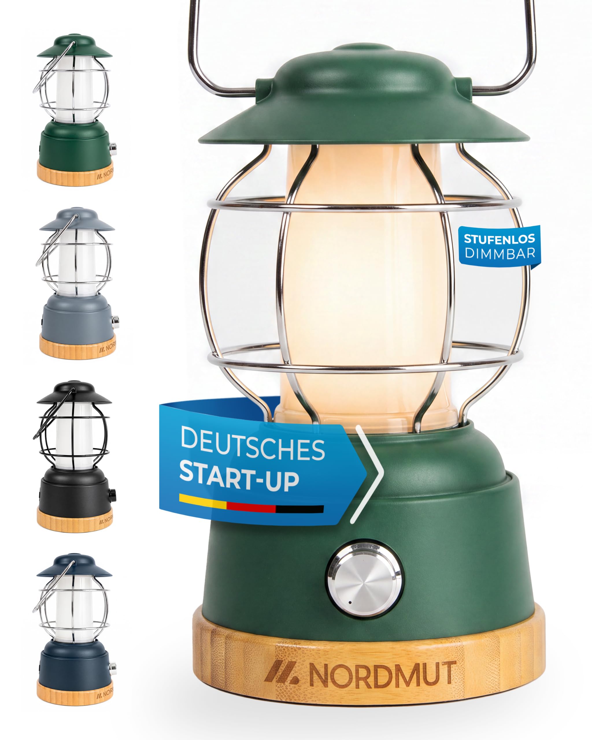 NORDMUT® Campinglampe aufladbar mit Powerbank [5200 mAh] IPX4 wasserdicht – Campinglampe dimmbar mit 200h Leuchtkraft – Leichte Campingleuchte Outdoor mit kompakten Packmaß (Grün)