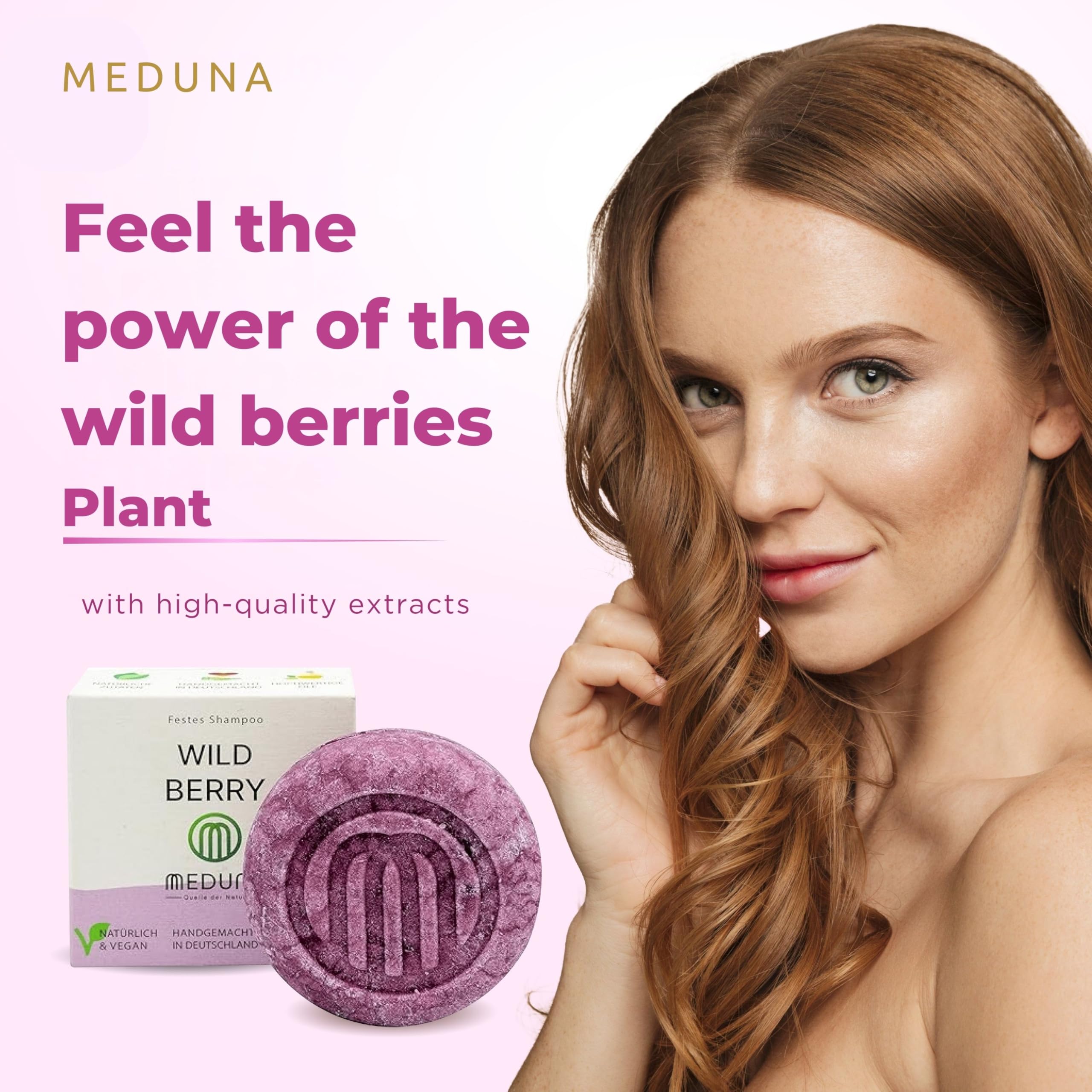 MEDUNA Shampoo per capelli solido Wild Berry 75 g – Profumo di bacche – Sapone per capelli con olio di cocco biologico e burro di karitè – Shampoo per la cura dei capelli – Shampoo per tutti i tipi di