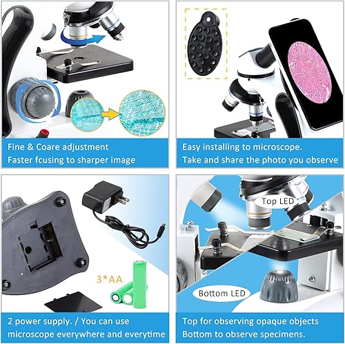 Miniatura 4 de Microscopios 40X-2000X para niños estudiantes y adultos con diapositivas preparadas para microscopio accesorios para microscopio adaptador de