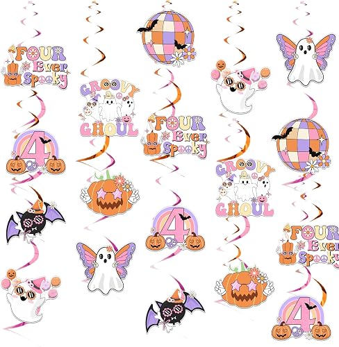 Wonmelody Groovy Halloween 4th Birthday Party Decorations 24*Pcs Four Ever Spook