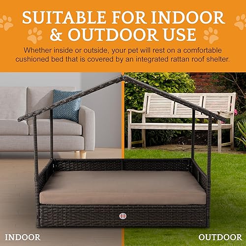 Miniatura 4 de Huntley - Cama elevada de mimbre de ratán para interiores y exteriores, con toldo, funda de cojín resistente a la intemperie