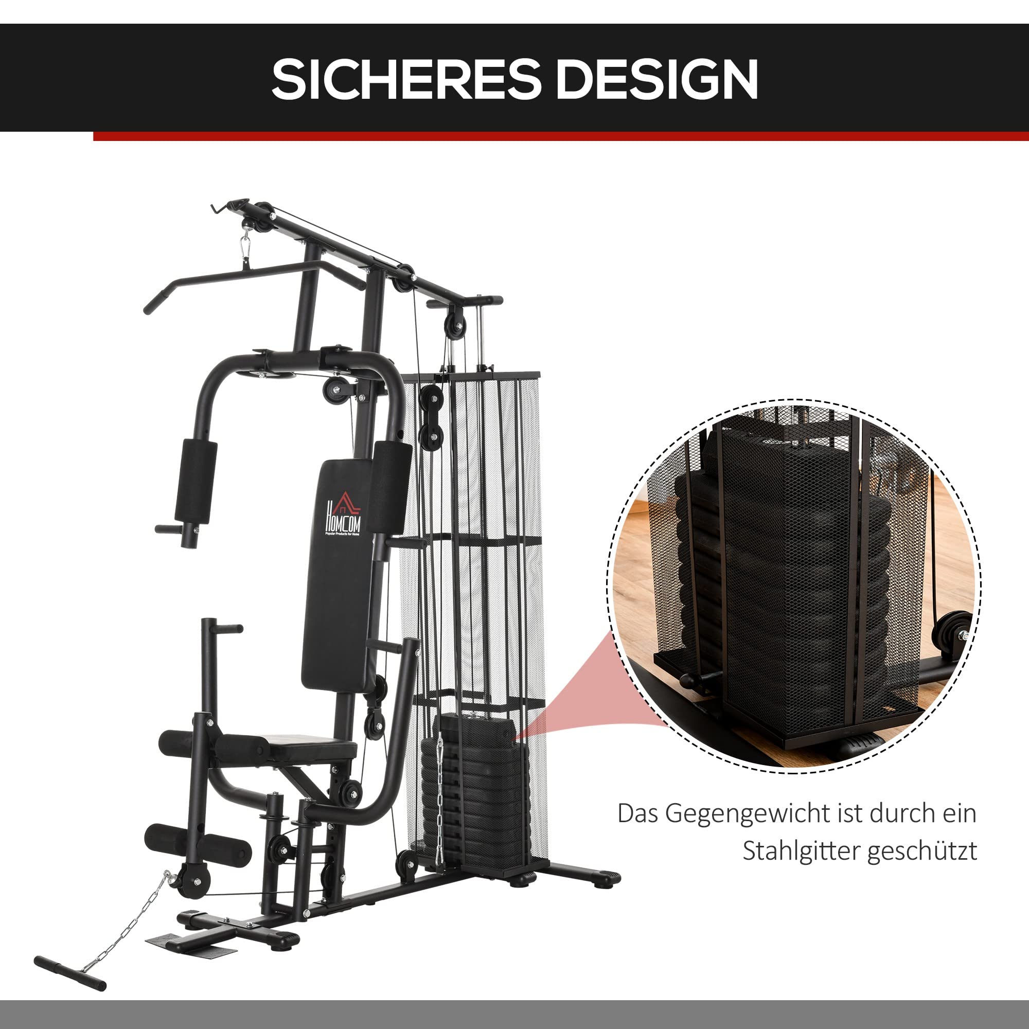 HOMCOM Kraftstation Fitnessstation Fitnessgerät bis 120kg Multifunktion Krafttraining Multistation Trainingsstation mit Latzug Butterflystange 45kg Gewichten Seil, Fitnessgeräte für Zuhause