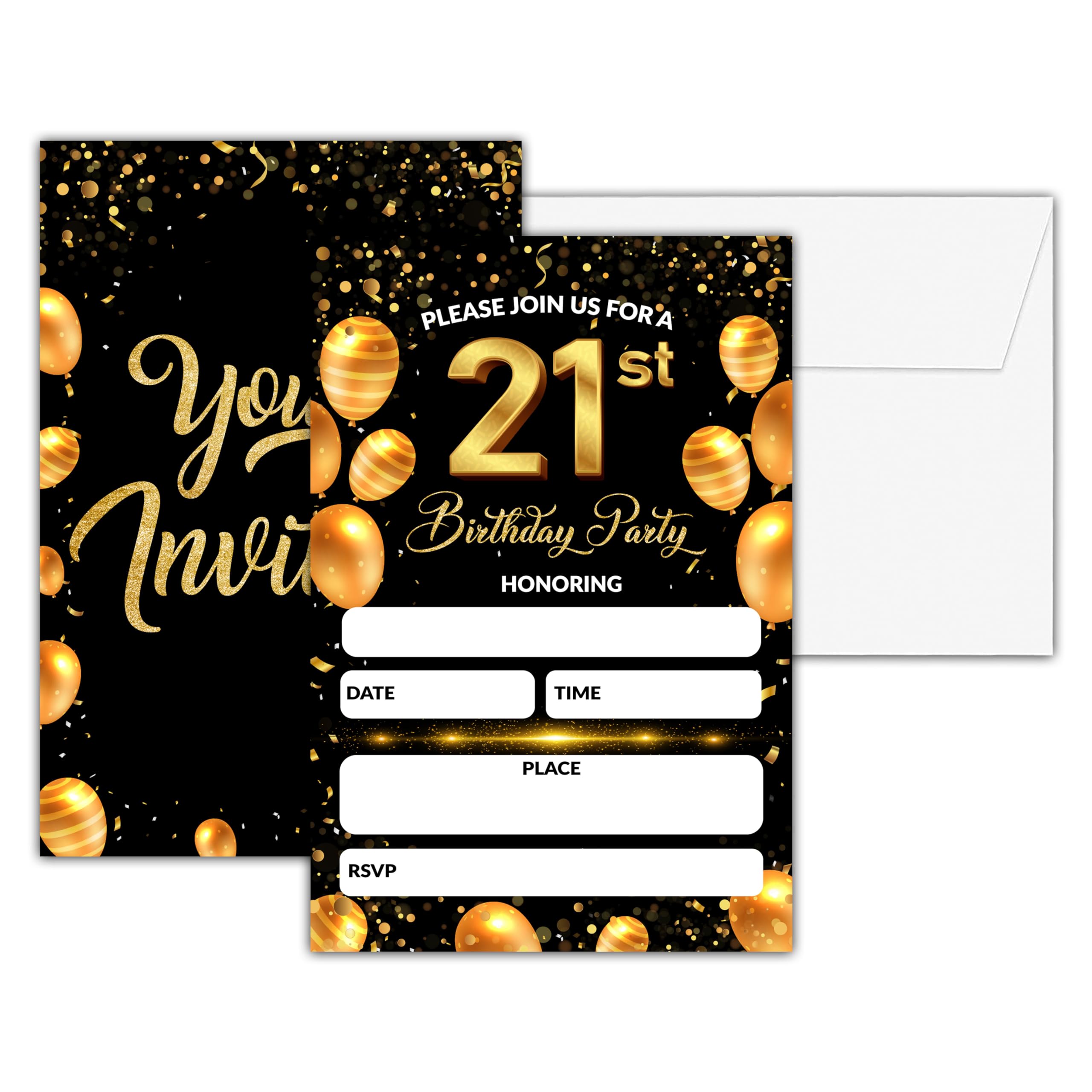Chuxvon 21st Birthday Party Invitations, Black and Gold Birthday Invitations, Double-Sided Gold Foil Fill In Invites for Men Women, Birthday Party