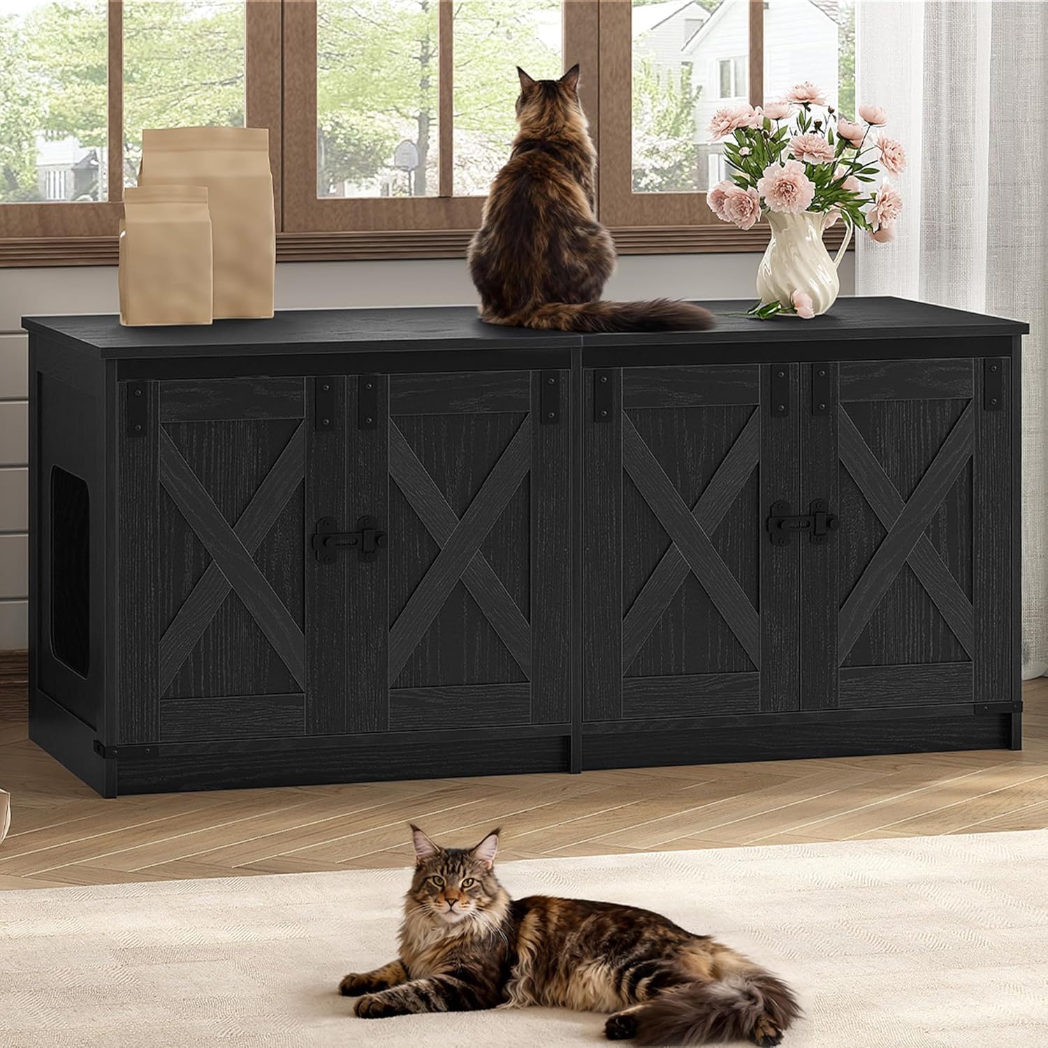 Cat Litter Box Enclosure for 2 Cats, Hidden Litter Box Furniture Cabinet with Double Room, Indoor Cat House, Farmhouse Style, 46.7 x 18.9 x 21.1 Inches, Black CB85304X
