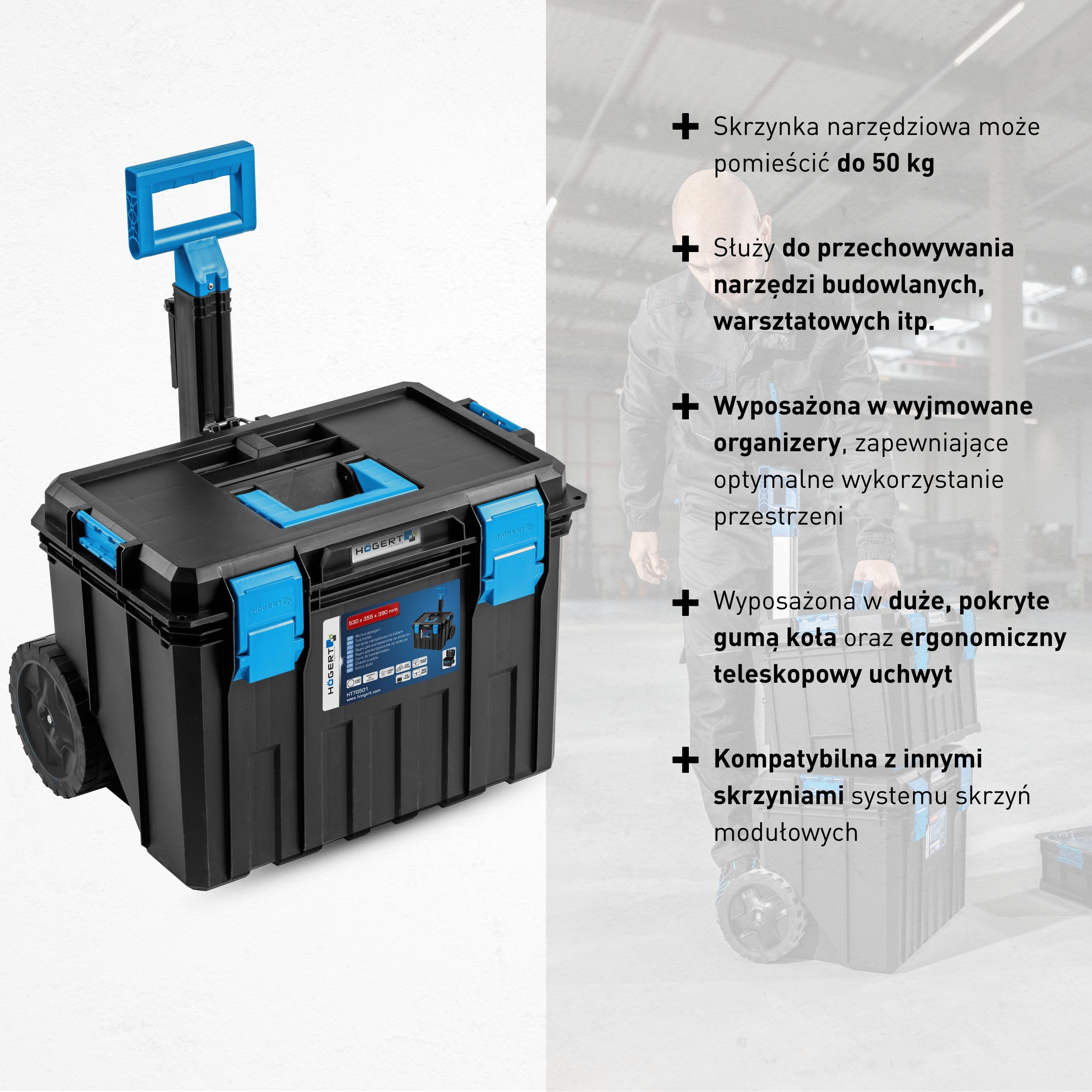 Högert Technik - Skrzynka narzędziowa na kółkach, nośność do 50 kg, praktyczna i pojemna, odporna na uszkodzenia, pyłoszczelna, wytrzymałe zapięcia ABS, modułowa konstrukcja - HT7G501